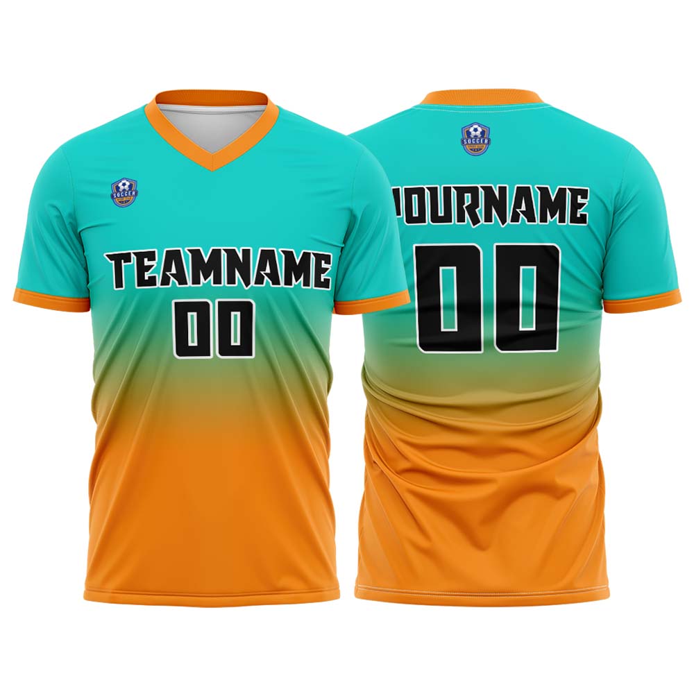 Custom Aqua Orange Gradient Soccer Uniform Set – Personalized Jerseys for Adults & Kids