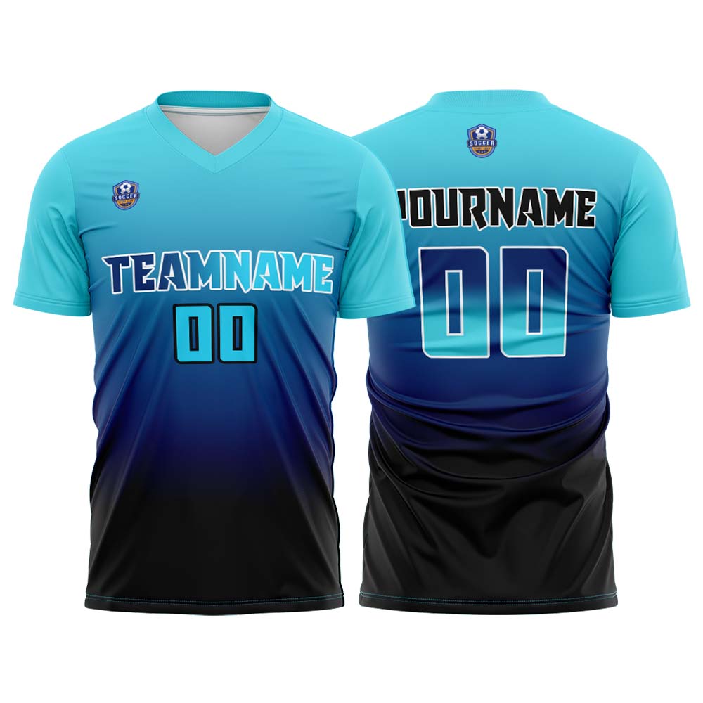 Custom Light Blue Blue Black Gradient Soccer Uniform Set – Personalized Jerseys for Adults & Kids