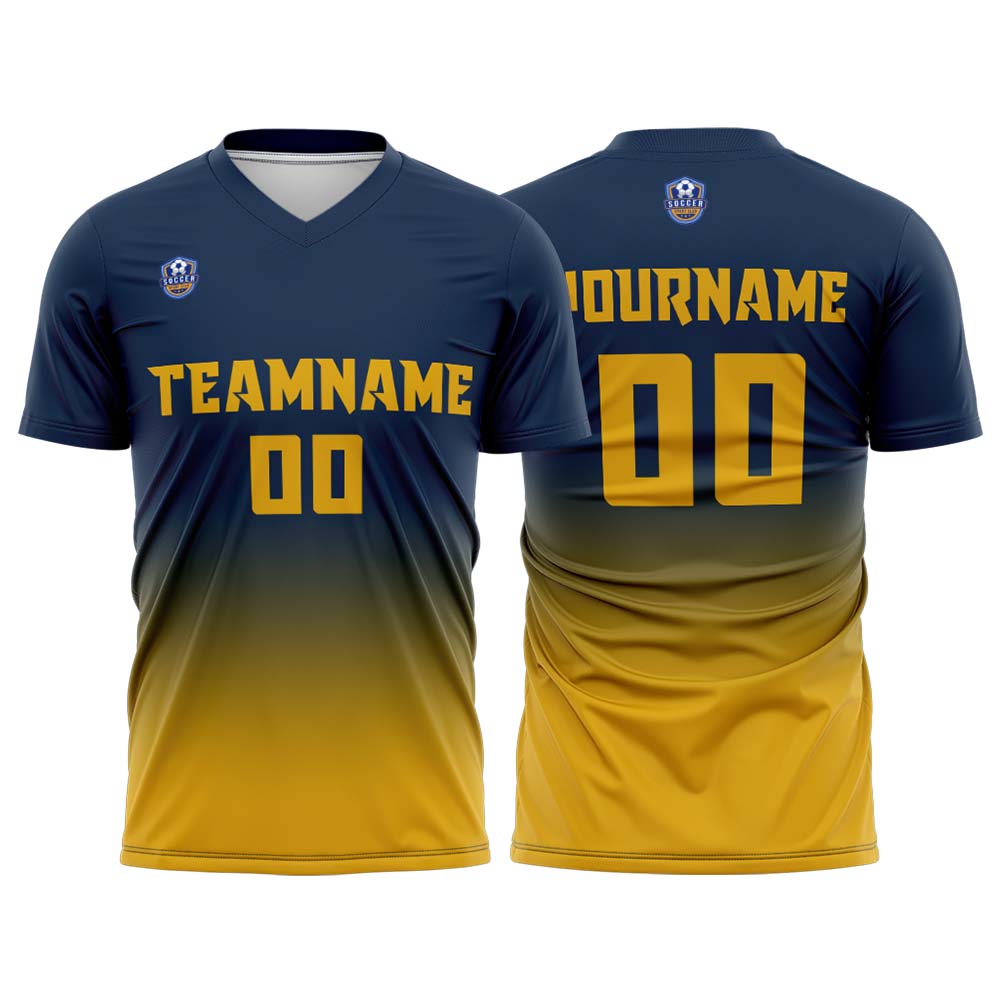 Custom Navy Gold Gradient Soccer Uniform Set – Personalized Jerseys for Adults & Kids