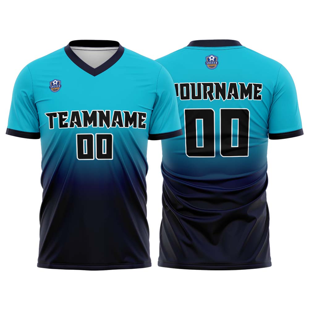 Custom Cyan Navy Gradient Soccer Uniform Set – Personalized Jerseys for Adults & Kids