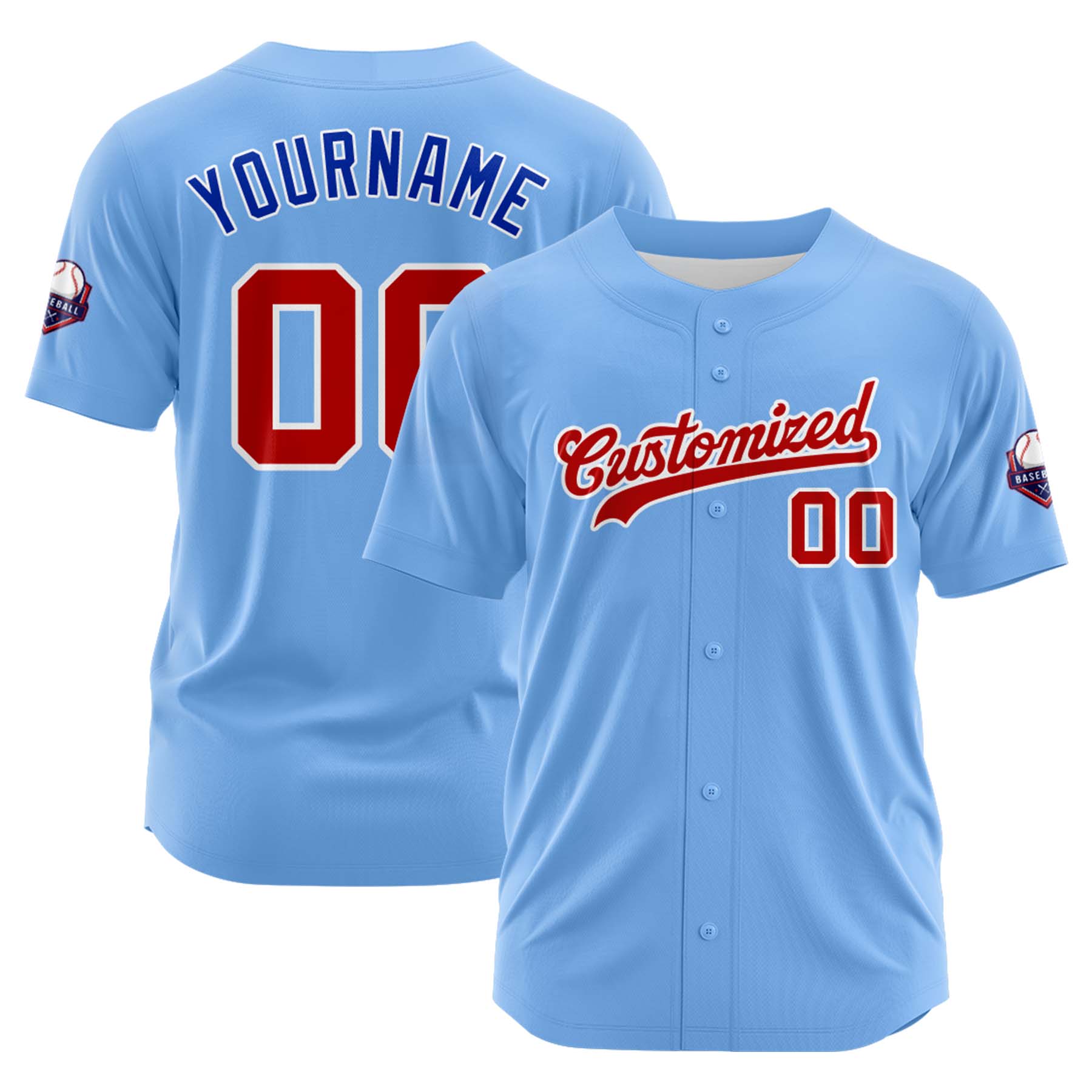 Custom Personalized Light Blue Red White Fashion Design Full Button Authentic Baseball Jersey