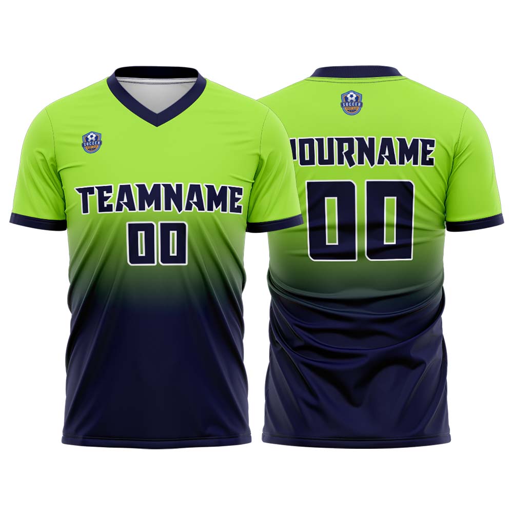 Custom Lime Green Navy Gradient Soccer Uniform Set – Personalized Jerseys for Adults & Kids