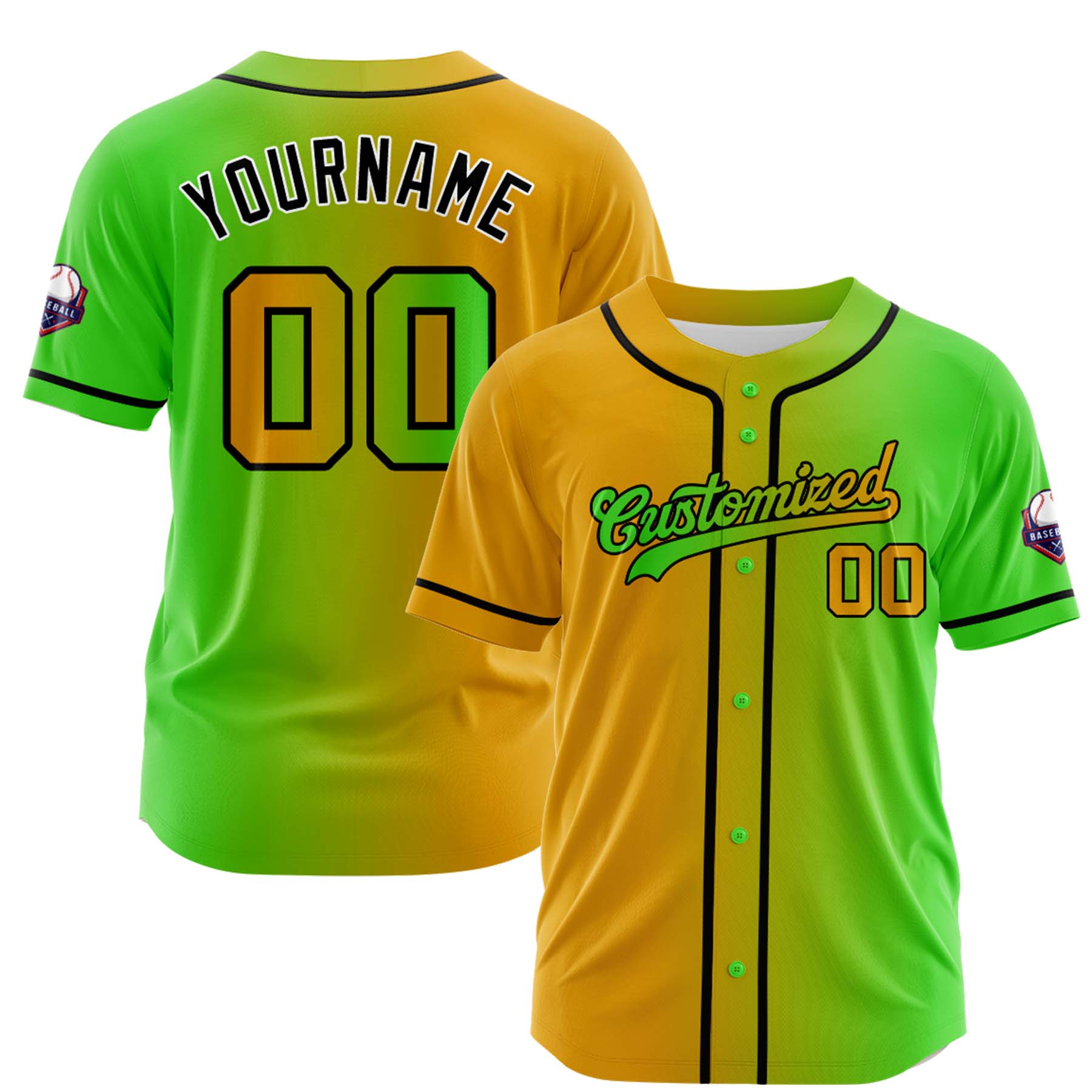 Custom Gold Lime Green Gradient Fashion Design Full Button Authentic Baseball Jersey