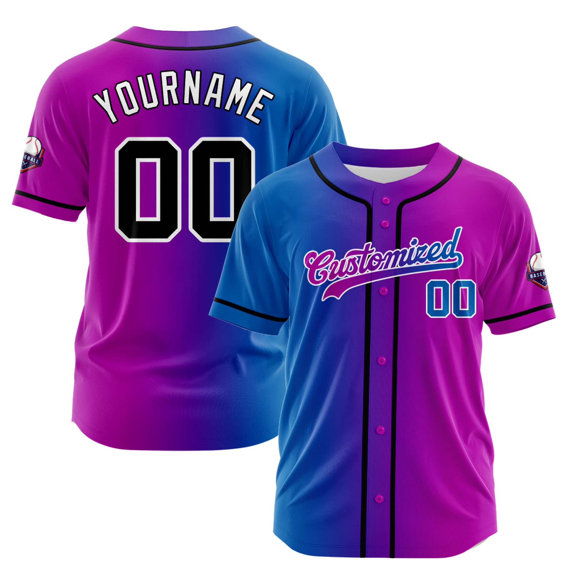 Custom Blue Deep Pink Gradient Fashion Design Full Button Authentic Baseball Jersey