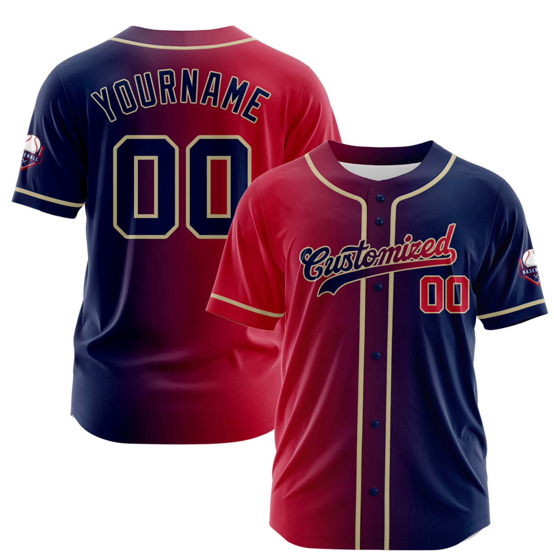 Custom Red Blue Gradient Fashion Design Full Button Authentic Baseball Jersey