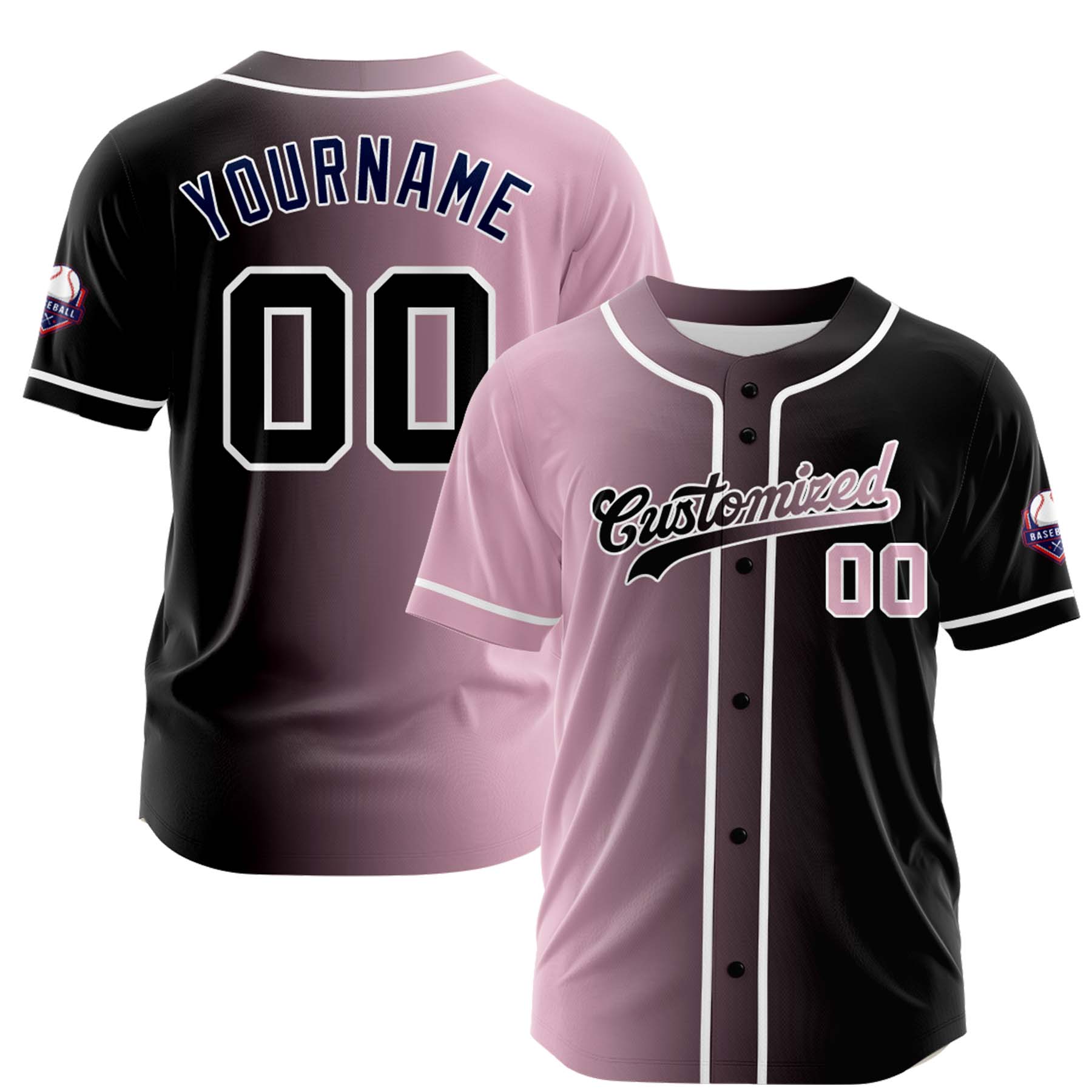 Custom Light Pink Black Gradient Fashion Design Full Button Authentic Baseball Jersey
