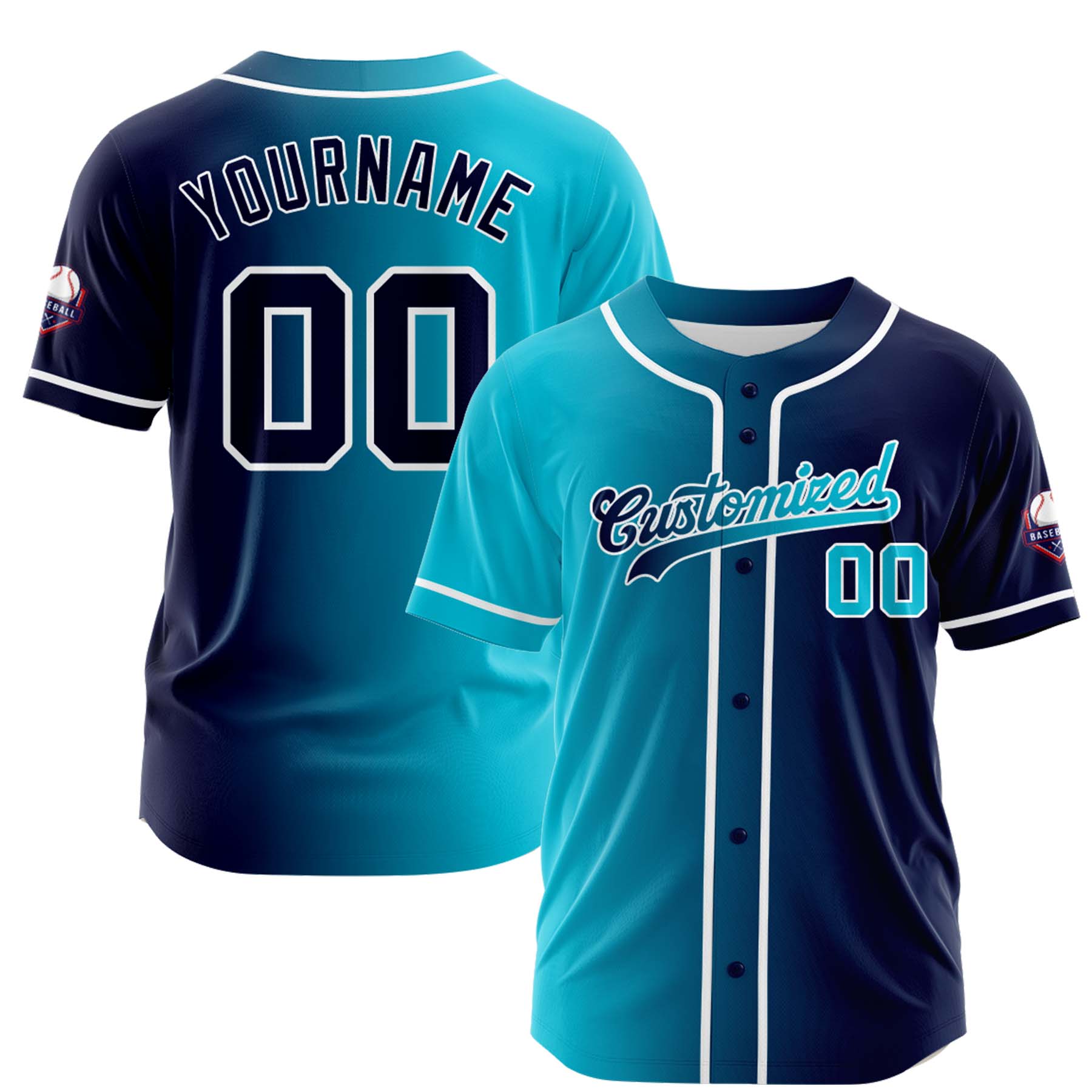 Custom Cyan Navy Gradient Fashion Design Full Button Authentic Baseball Jersey