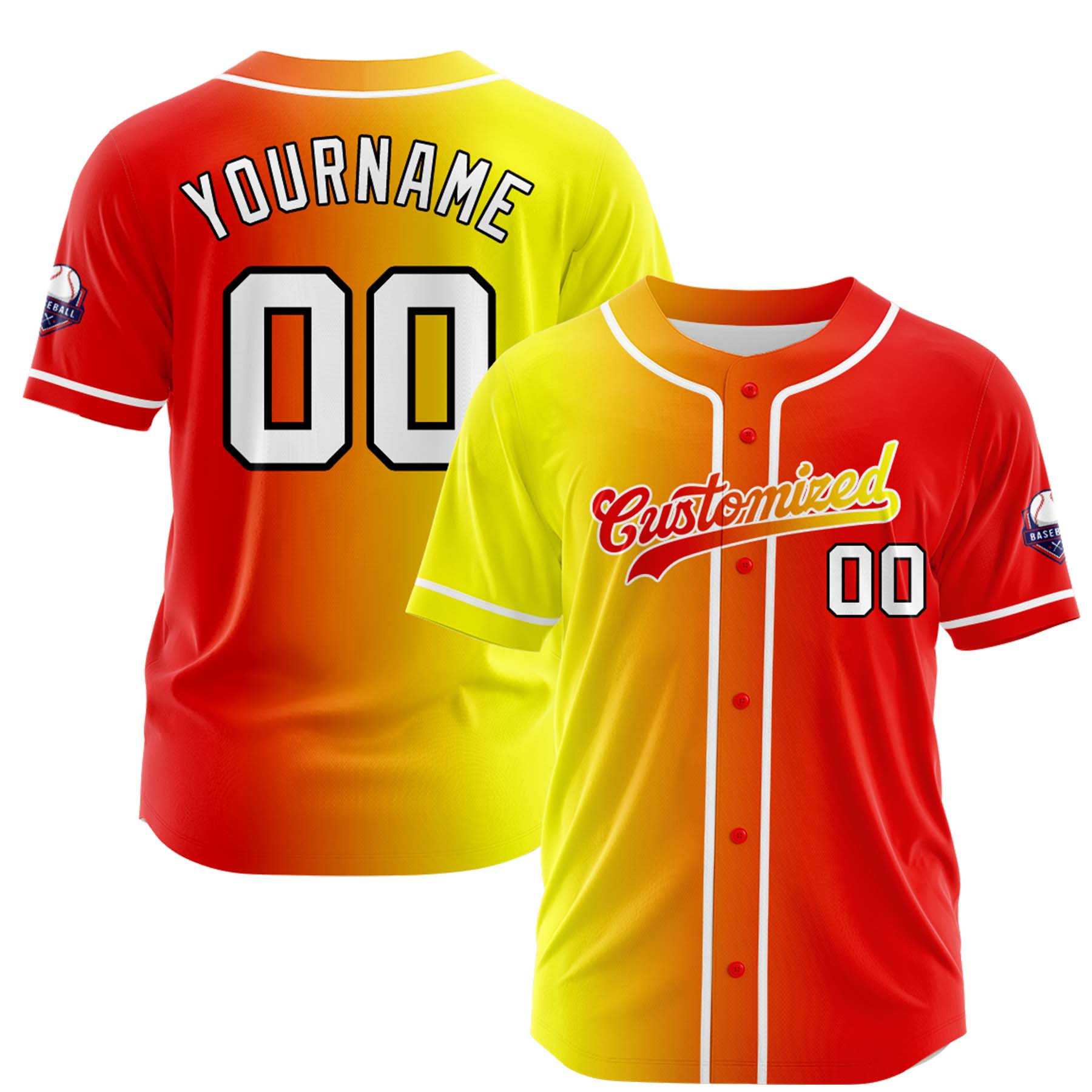 Custom Yellow Red Gradient Fashion Design Full Button Authentic Baseball Jersey