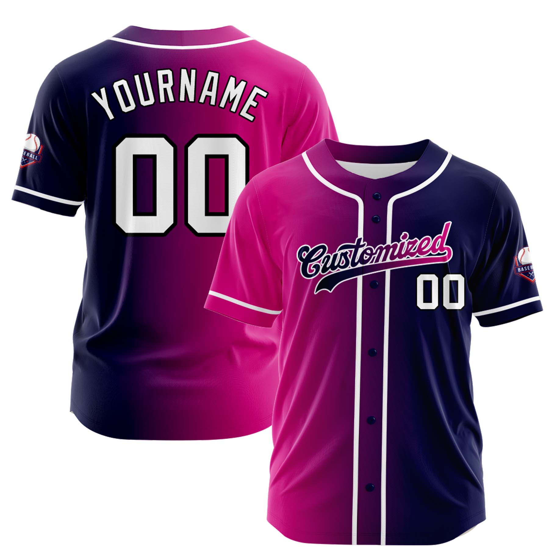 Custom Hot Pink Navy Gradient Fashion Design Full Button Authentic Baseball Jersey