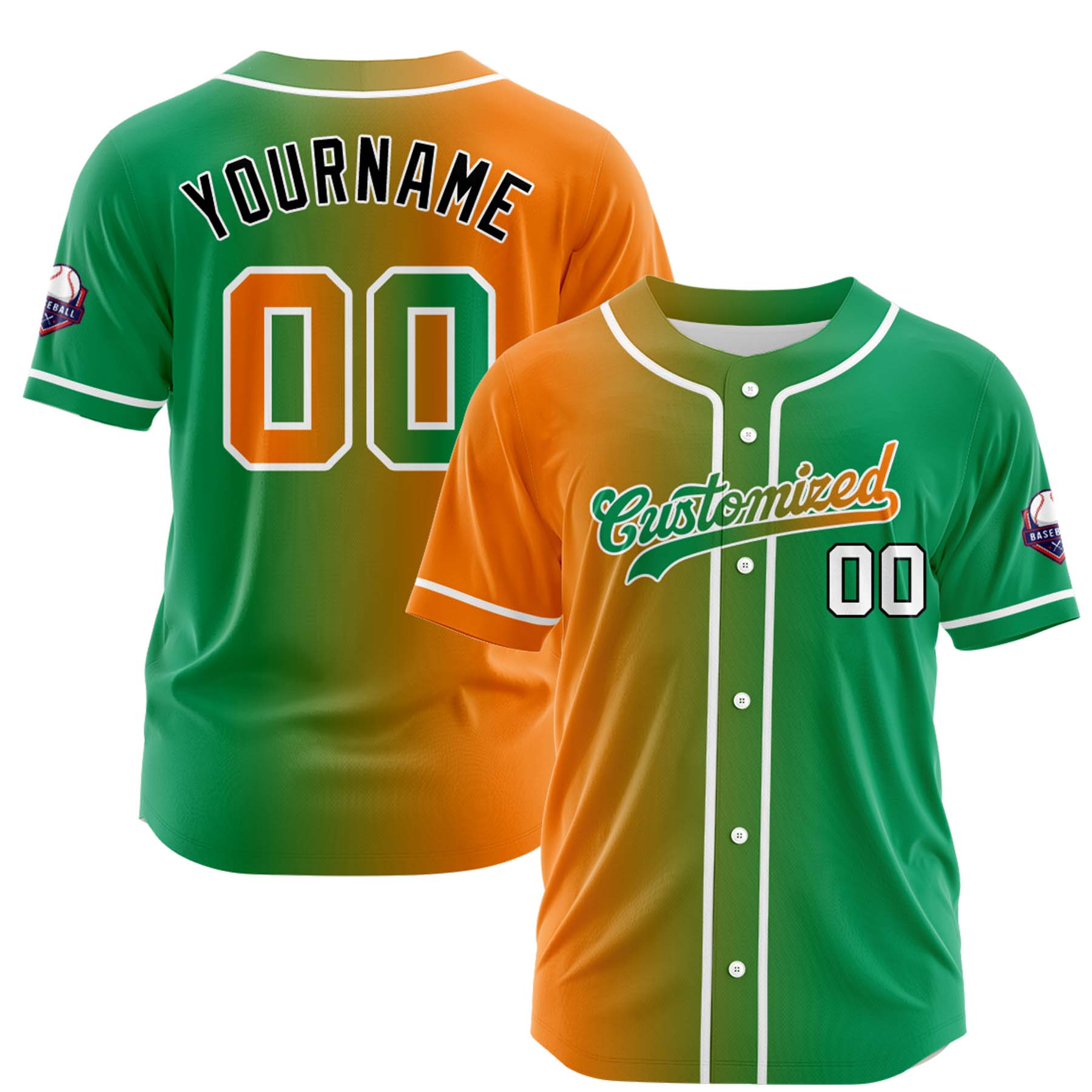 Custom Orange Green Gradient Fashion Design Full Button Authentic Baseball Jersey