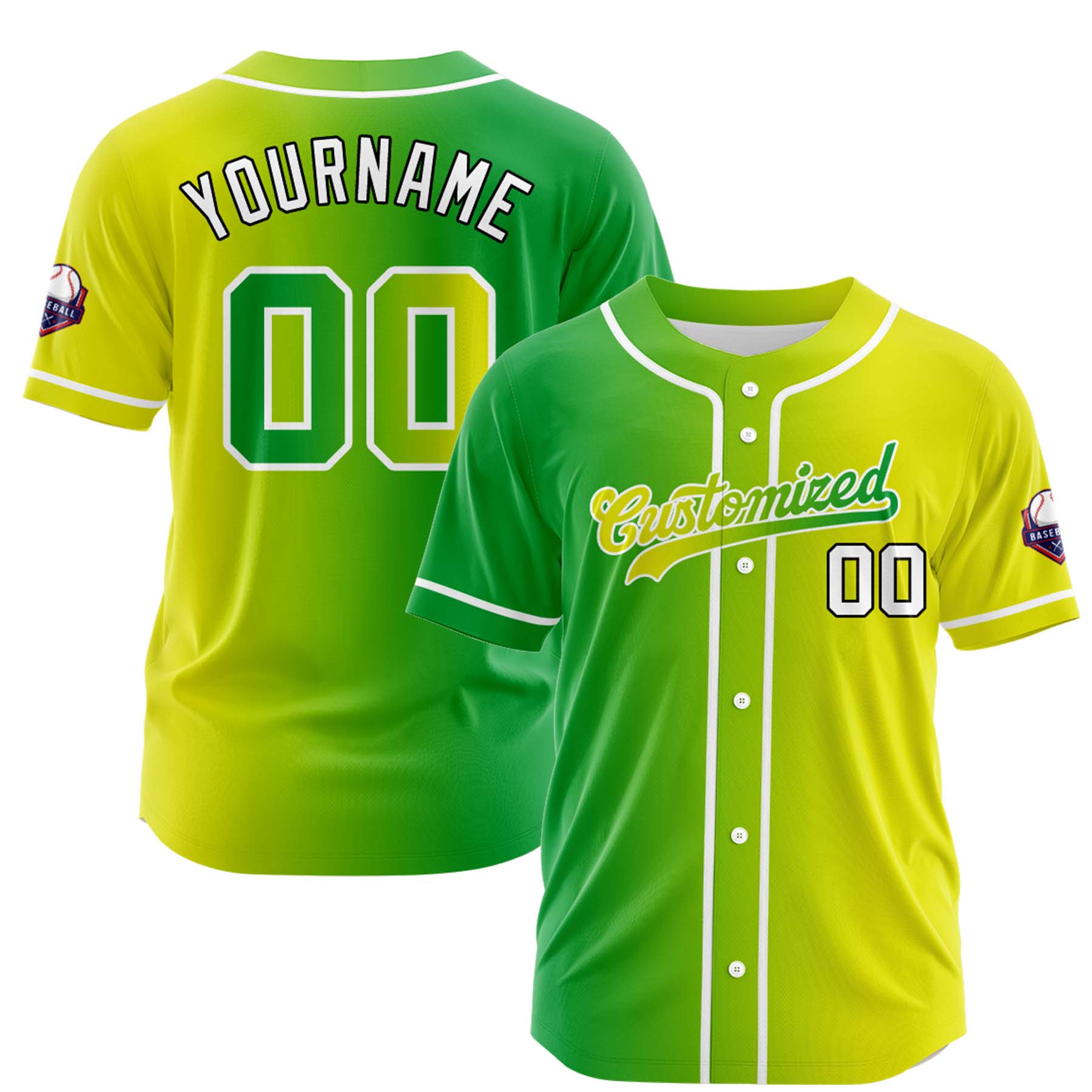 Custom Green Yellow Gradient Fashion Design Full Button Authentic Baseball Jersey