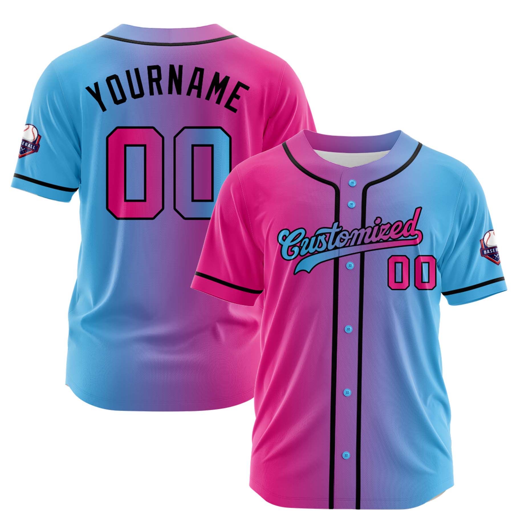 Custom Pink Light Blue Gradient Fashion Design Full Button Authentic Baseball Jersey