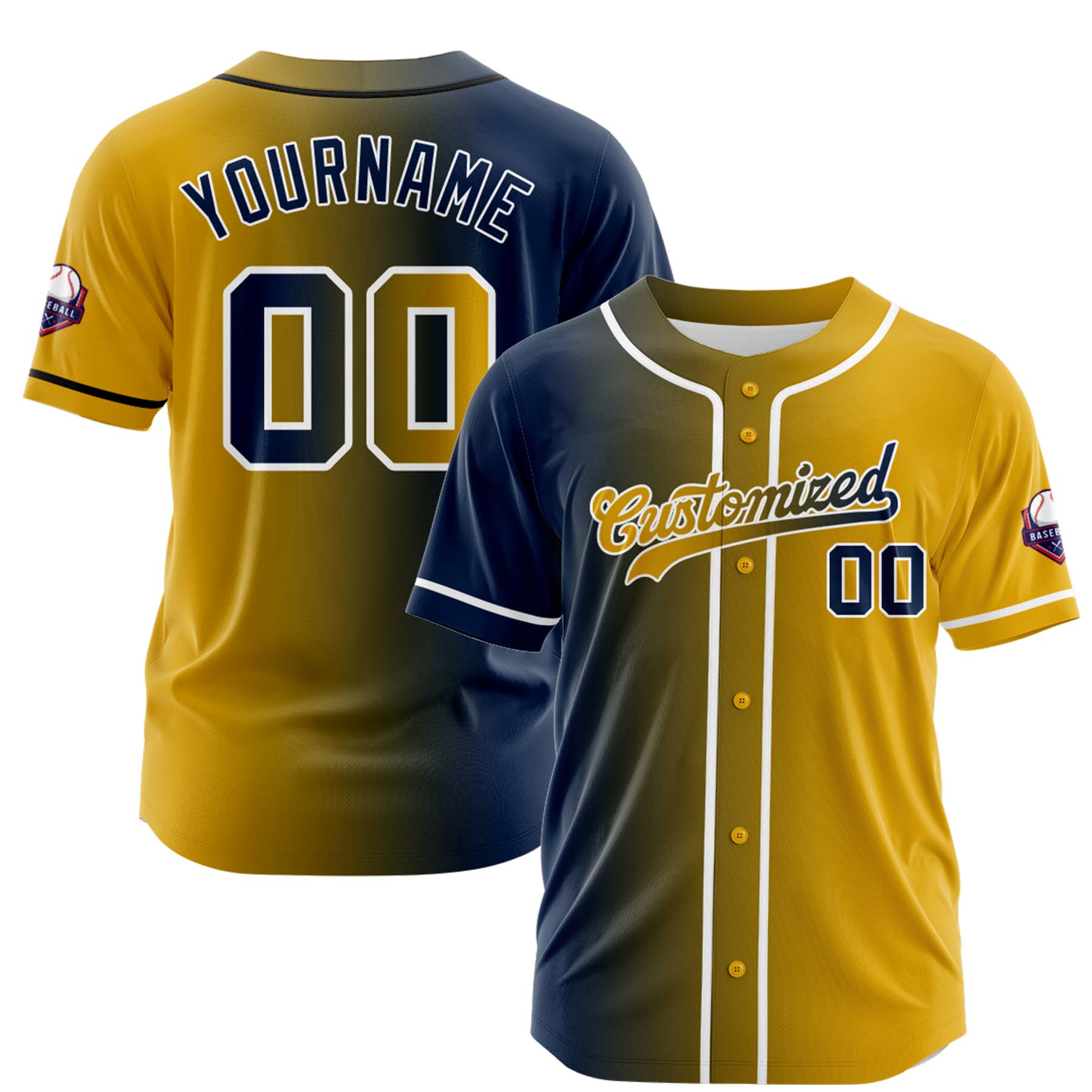 Custom Navy Gold Gradient Fashion Design Full Button Authentic Baseball Jersey