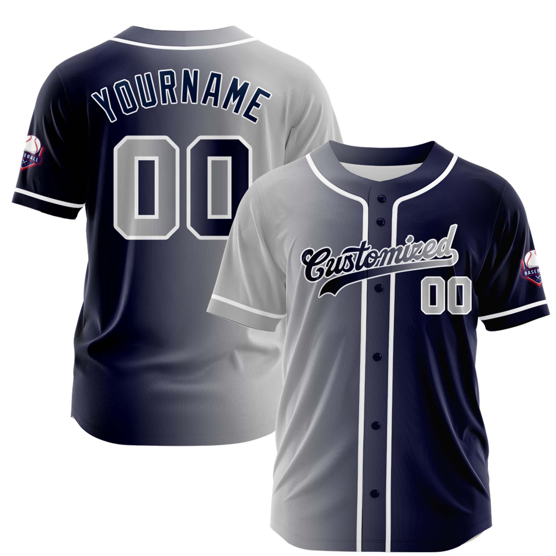 Custom Gray Navy Gradient Fashion Design Full Button Authentic Baseball Jersey