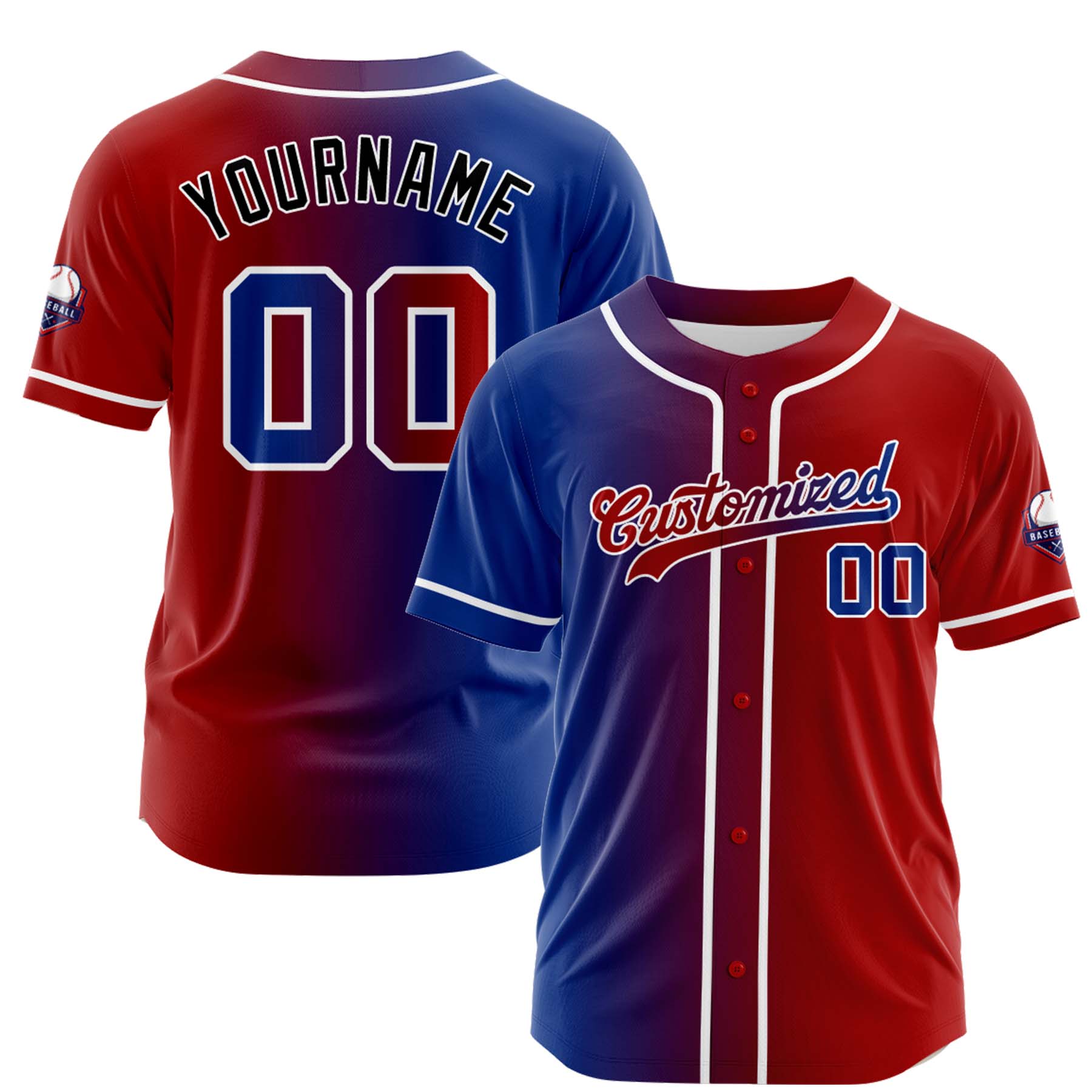 Custom Blue Red Gradient Fashion Design Full Button Authentic Baseball Jersey