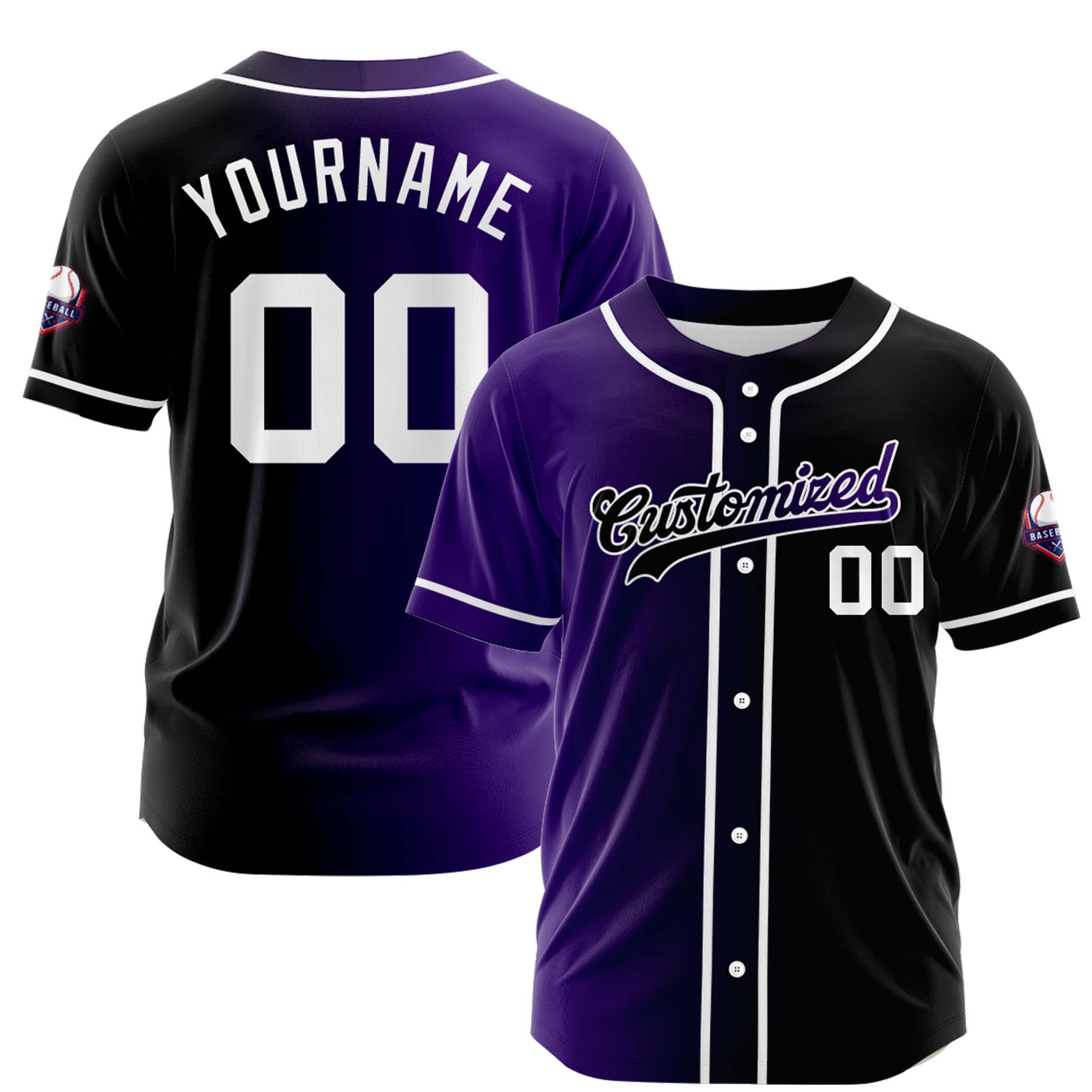Custom Purple Black Gradient Fashion Design Full Button Authentic Baseball Jersey