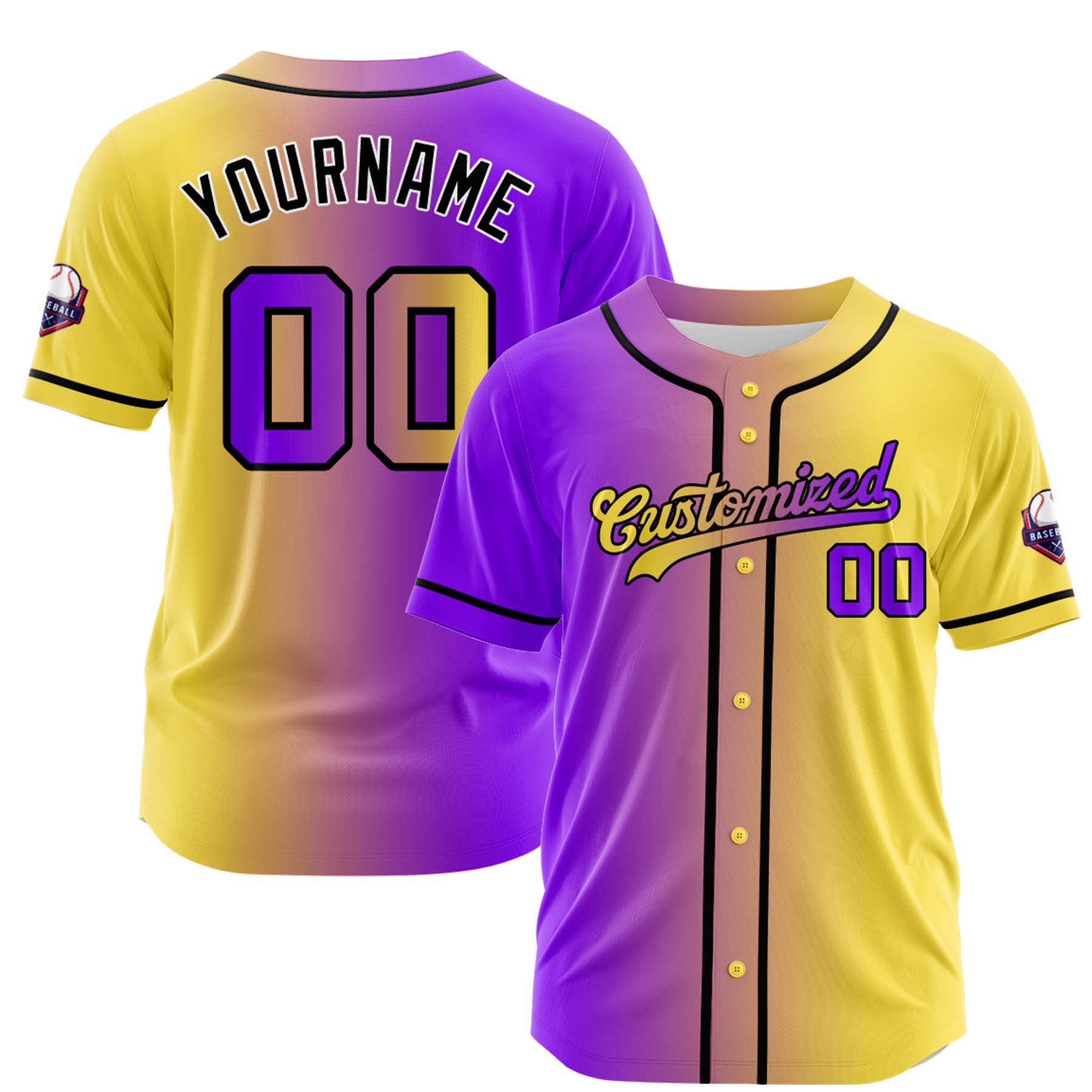 Custom Purple Light Yellow Gradient Fashion Design Full Button Authentic Baseball Jersey