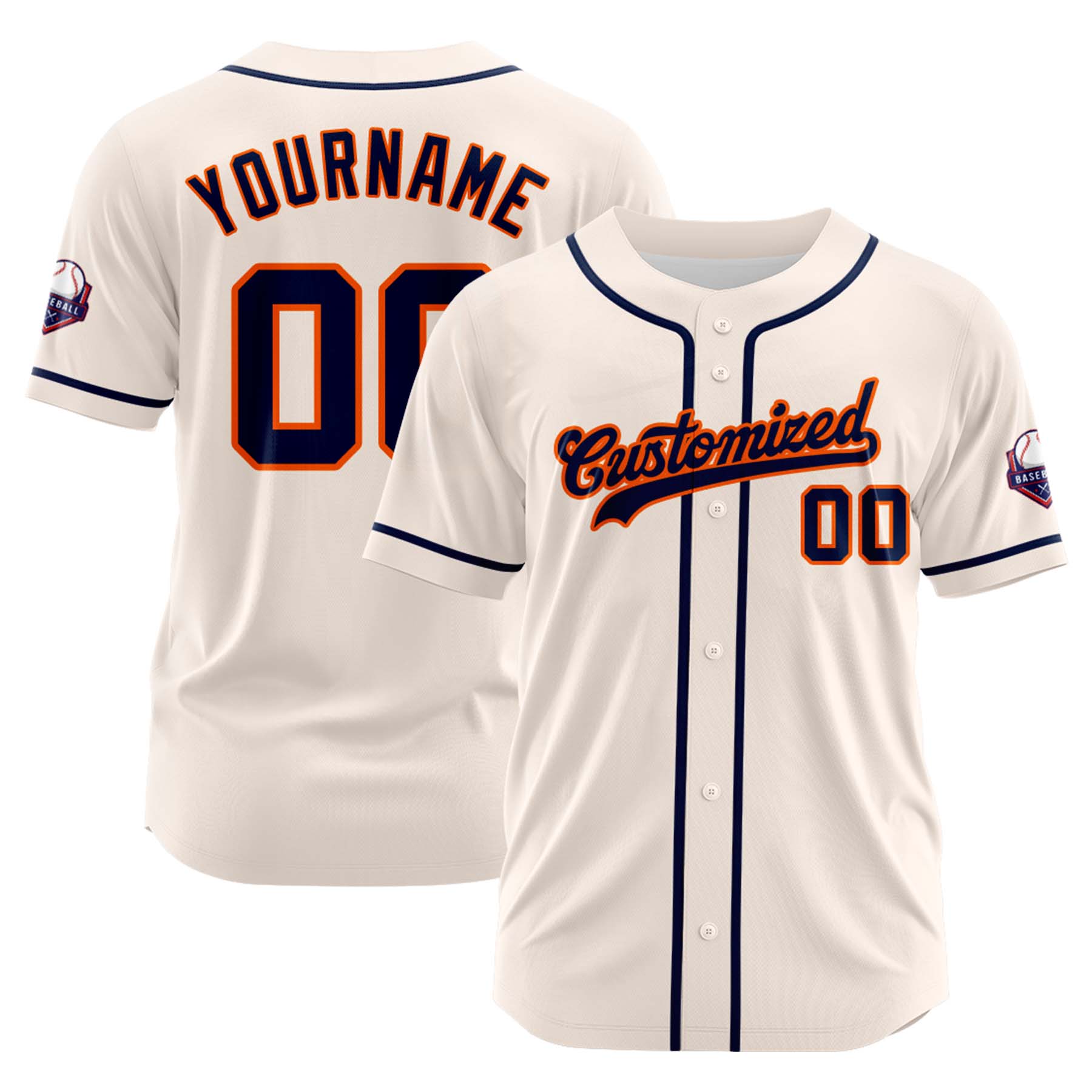 Custom Personalized Cream Navy Orange Fashion Design Full Button Authentic Baseball Jersey