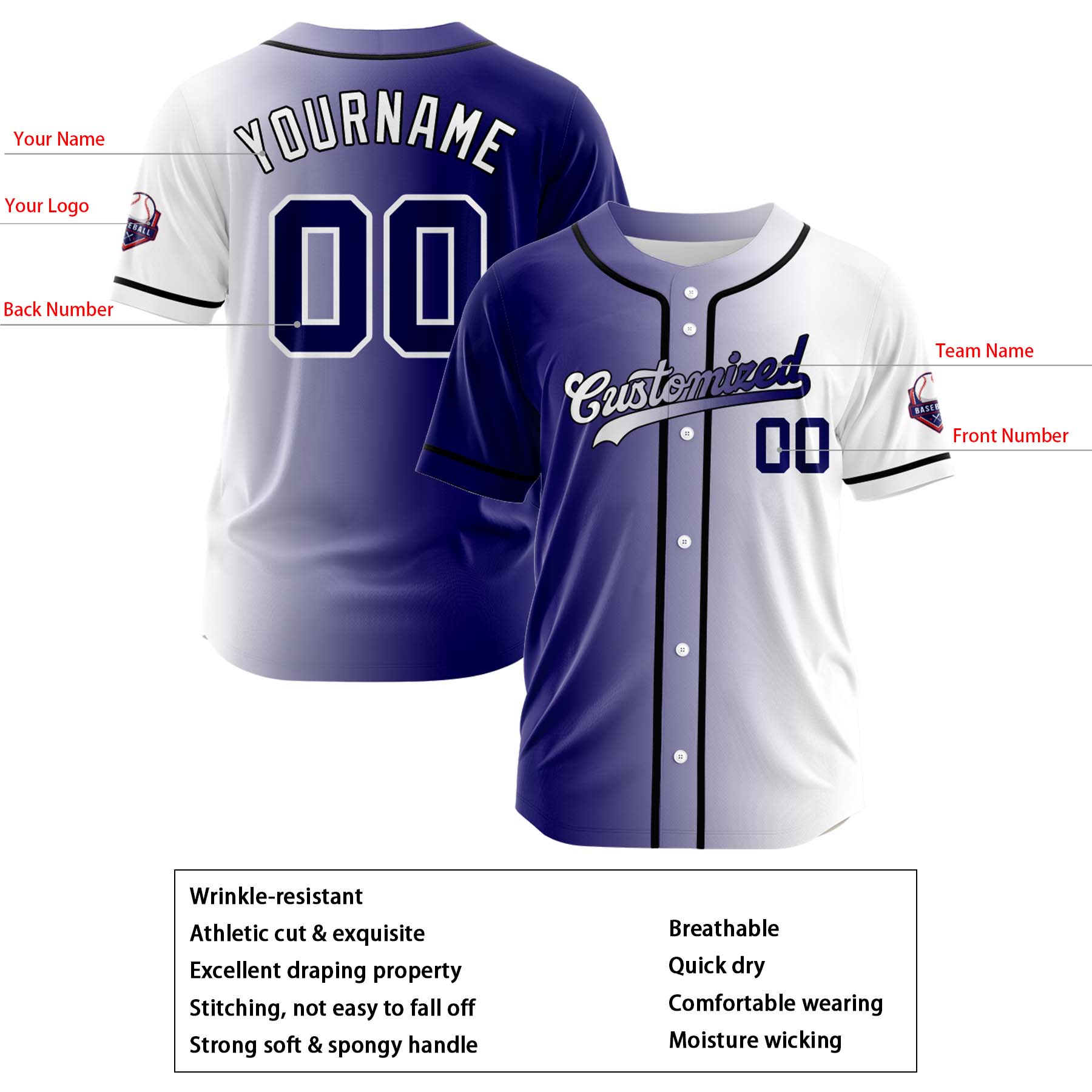Custom Purple White Gradient Fashion Design Full Button Authentic Baseball Jersey