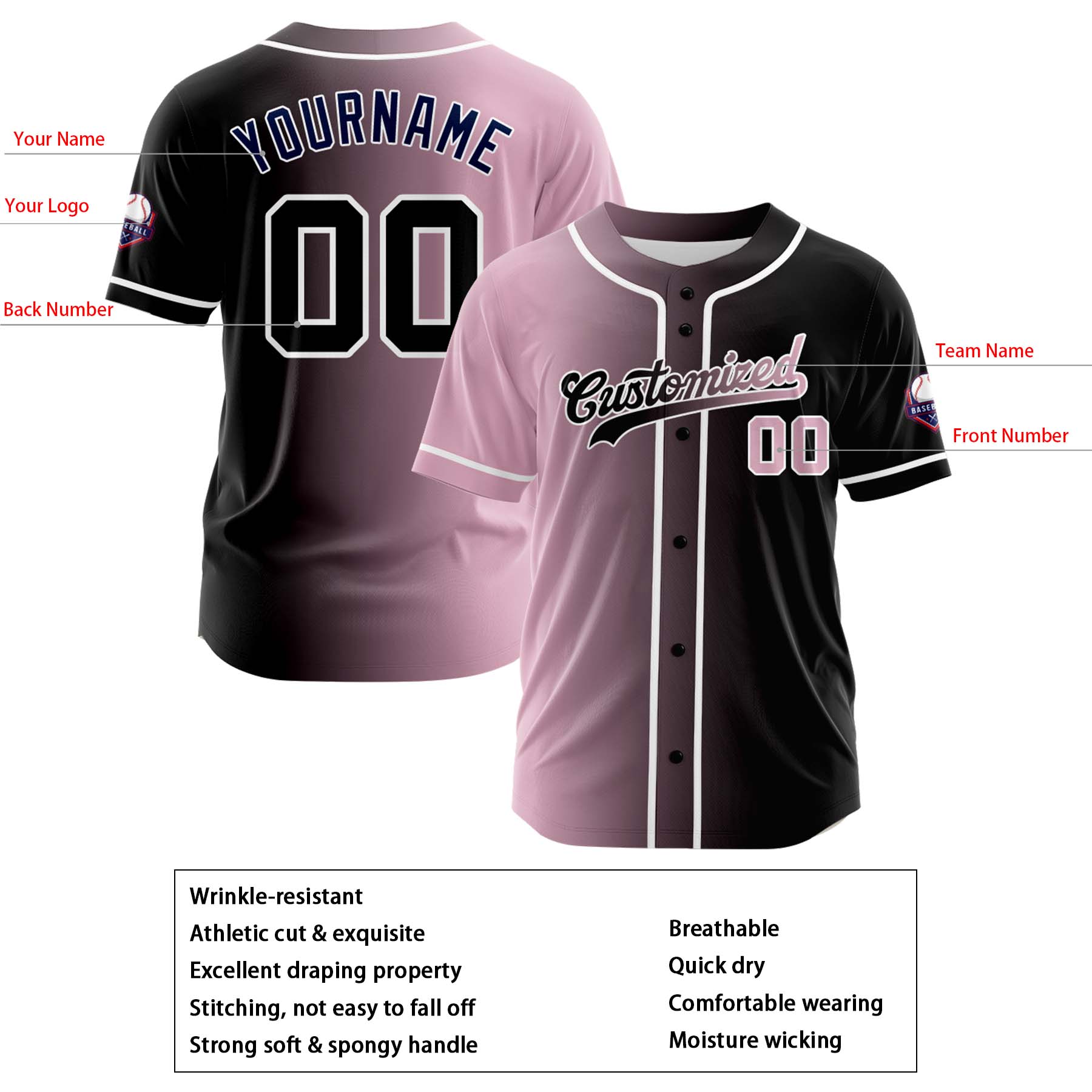 Custom Light Pink Black Gradient Fashion Design Full Button Authentic Baseball Jersey