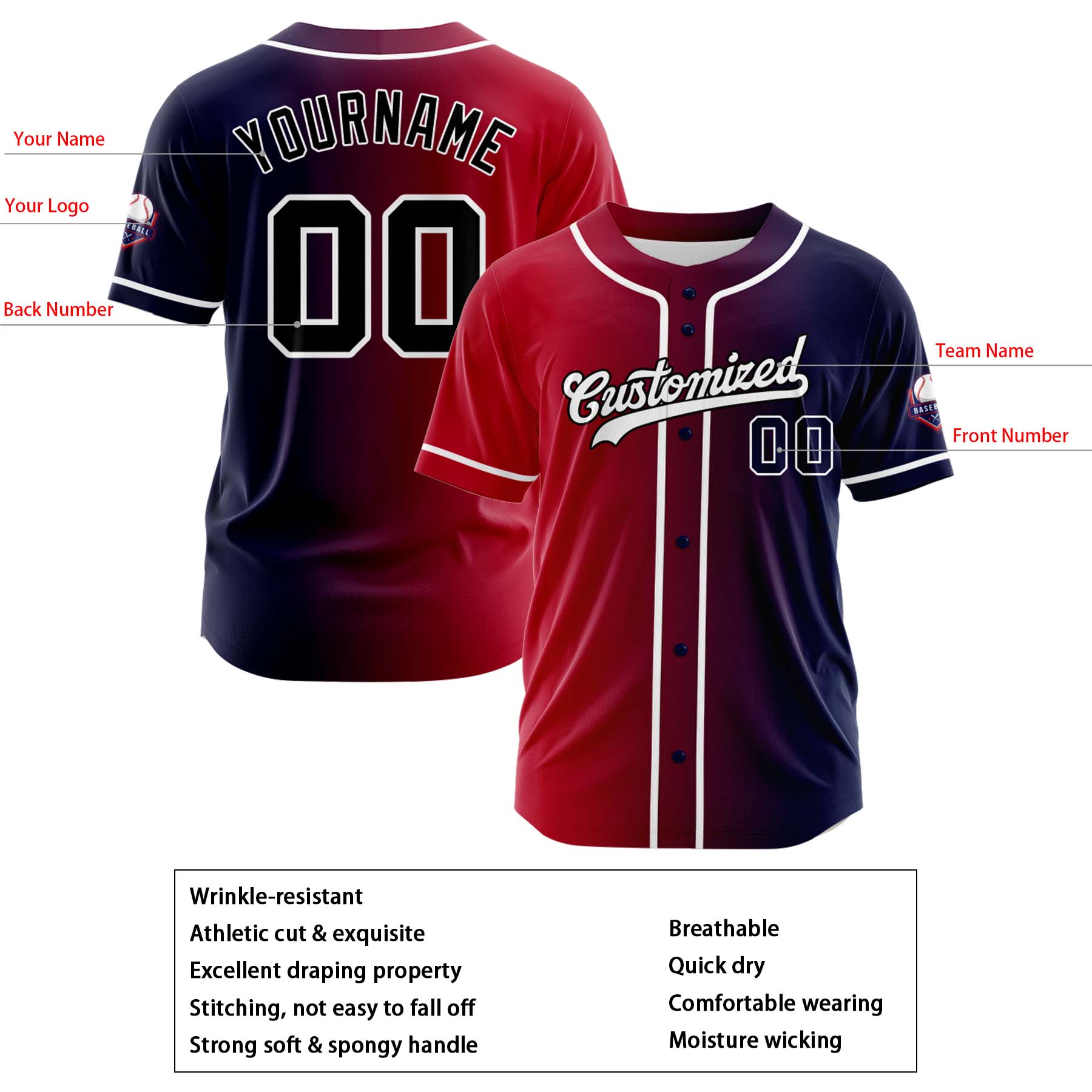 Custom Crimson Navy Gradient Fashion Design Full Button Authentic Baseball Jersey