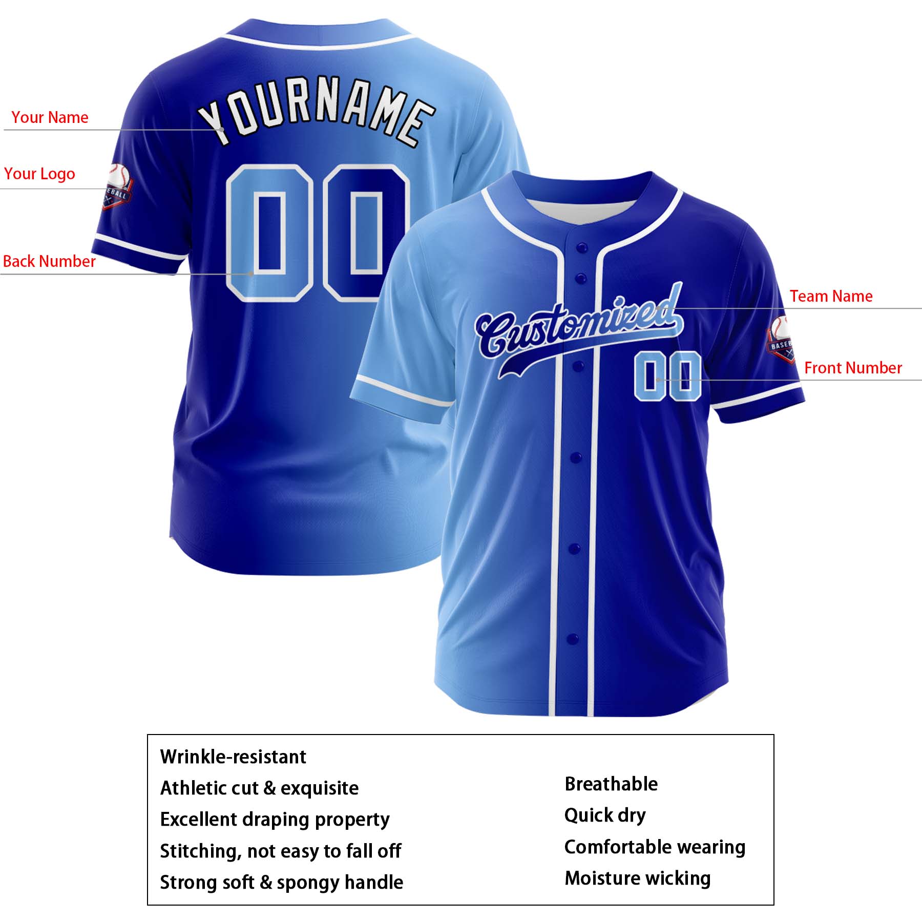 Custom Light Blue Blue Gradient Fashion Design Full Button Authentic Baseball Jersey