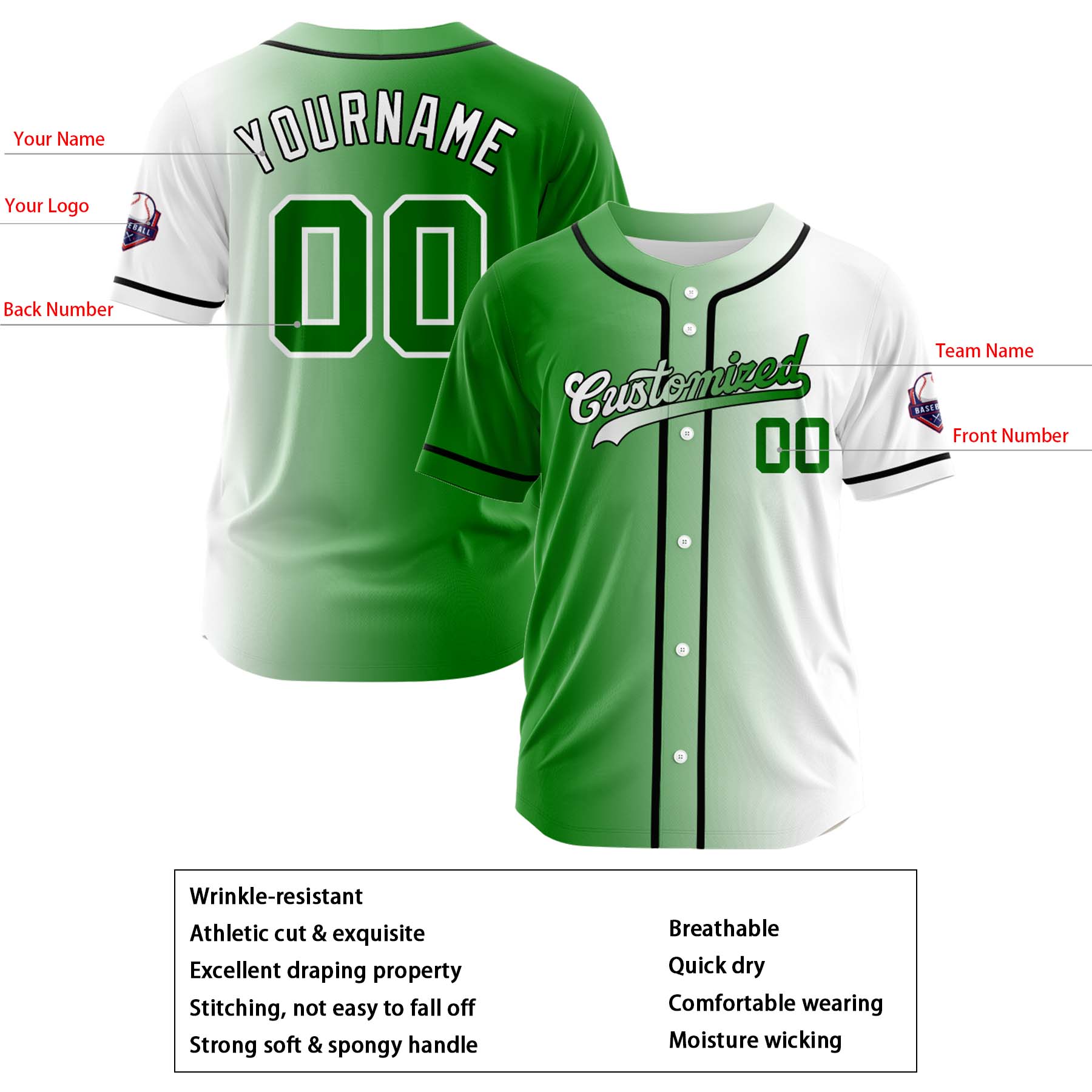 Custom Green White Gradient Fashion Design Full Button Authentic Baseball Jersey