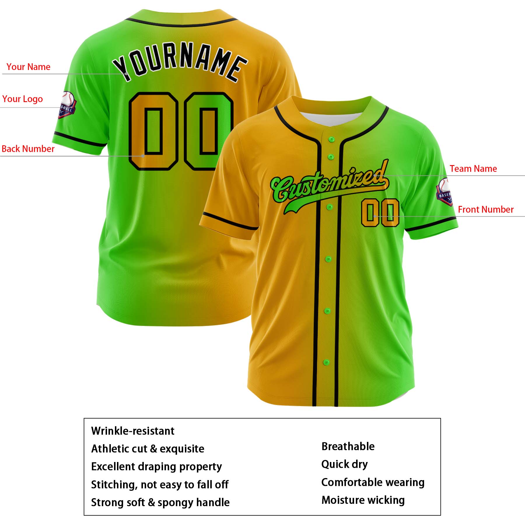 Custom Gold Lime Green Gradient Fashion Design Full Button Authentic Baseball Jersey