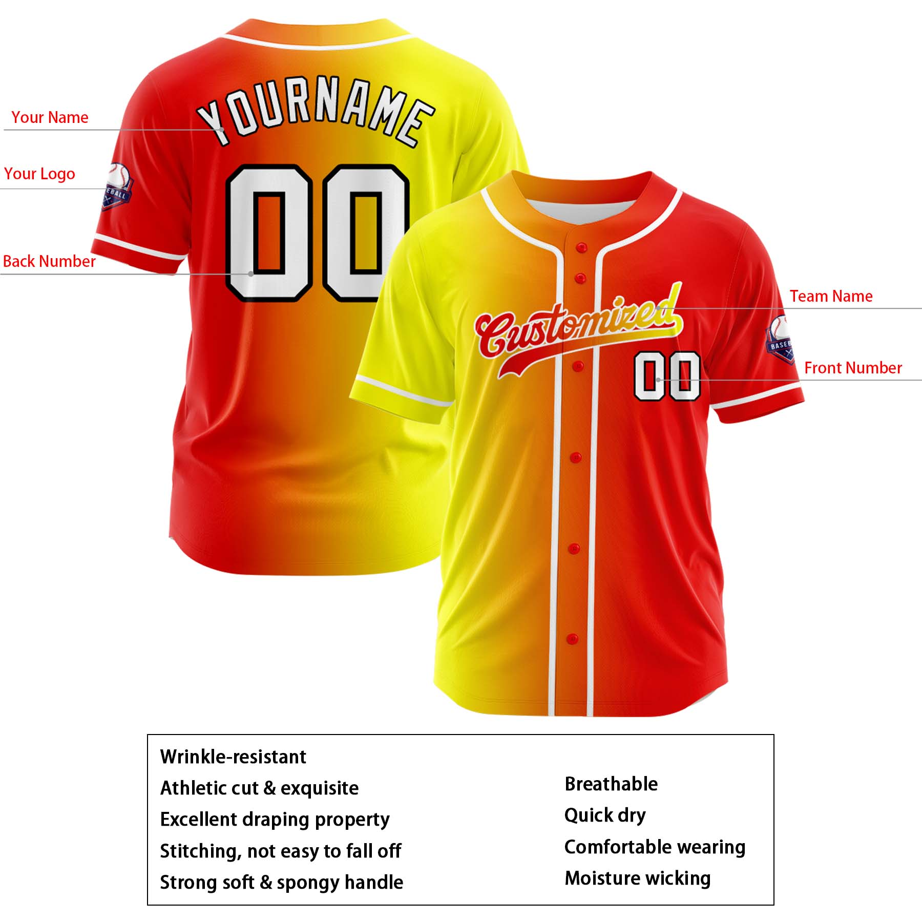 Custom Yellow Red Gradient Fashion Design Full Button Authentic Baseball Jersey