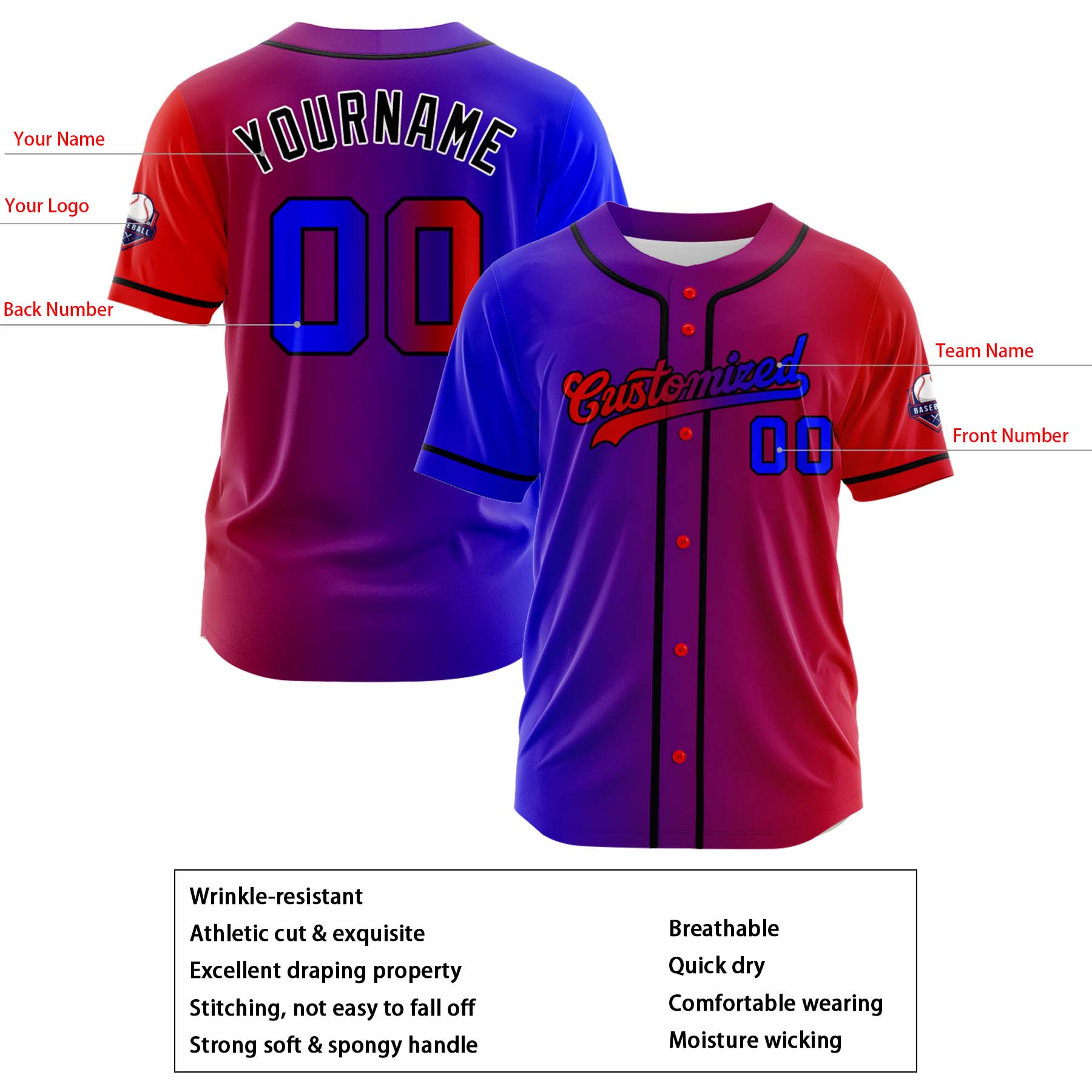 Custom Blue Red Gradient Fashion Design Full Button Authentic Baseball Jersey