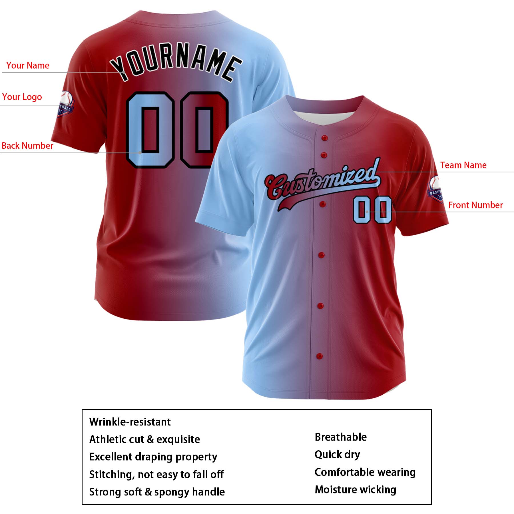 Custom Light Blue Red Gradient Fashion Design Full Button Authentic Baseball Jersey