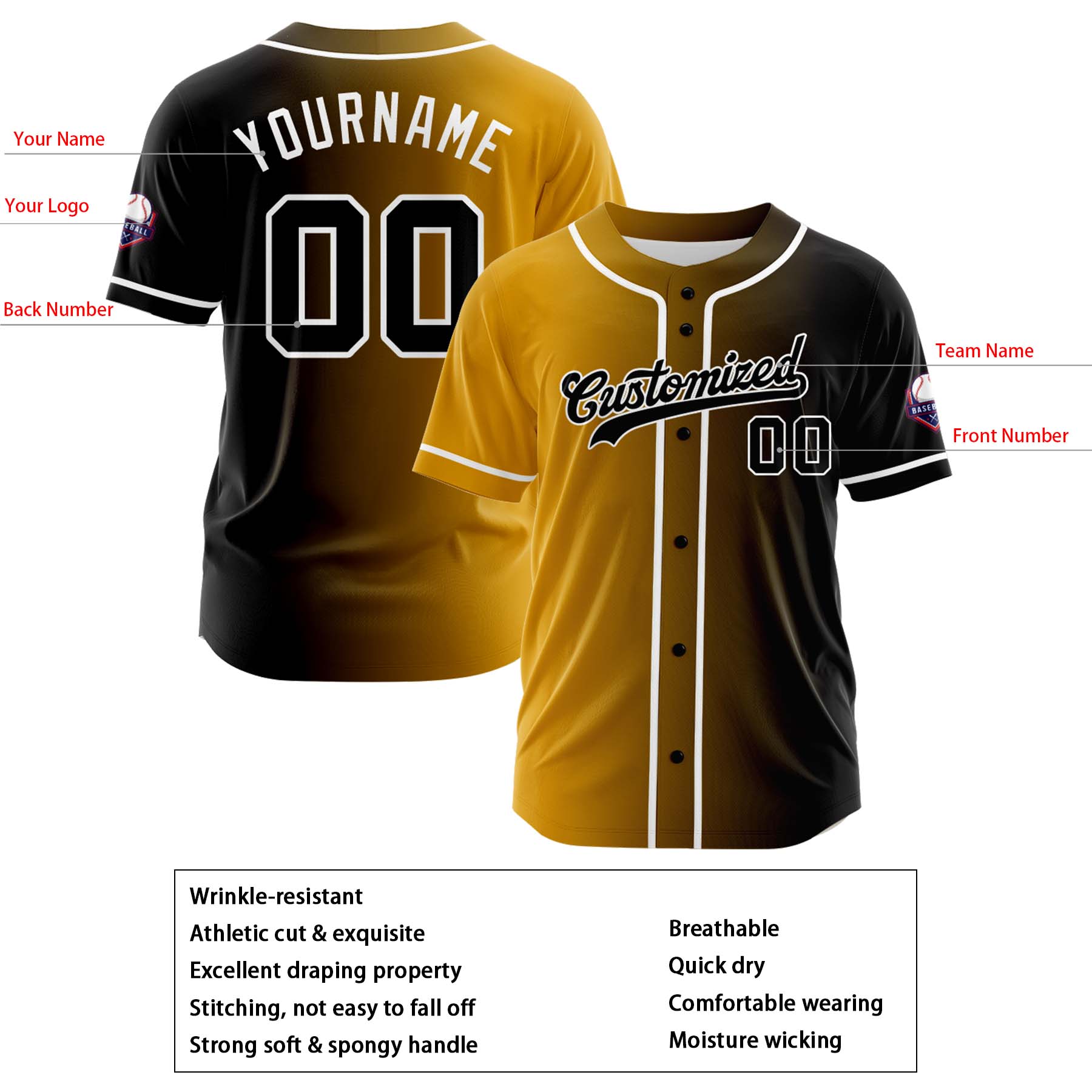 Custom Gold Yellow Gradient Fashion Design Full Button Authentic Baseball Jersey
