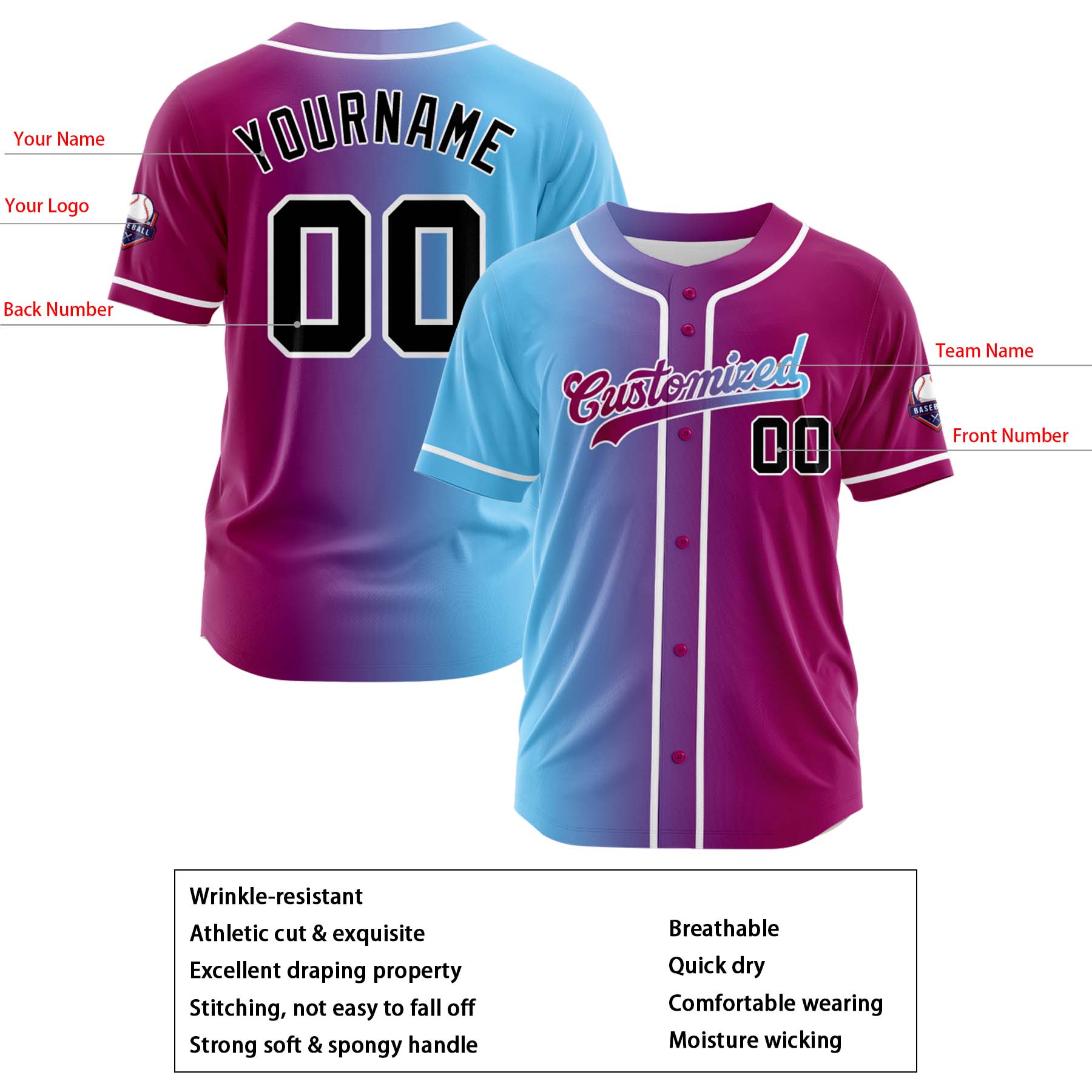 Custom Light Blue Purple Gradient Fashion Design Full Button Authentic Baseball Jersey