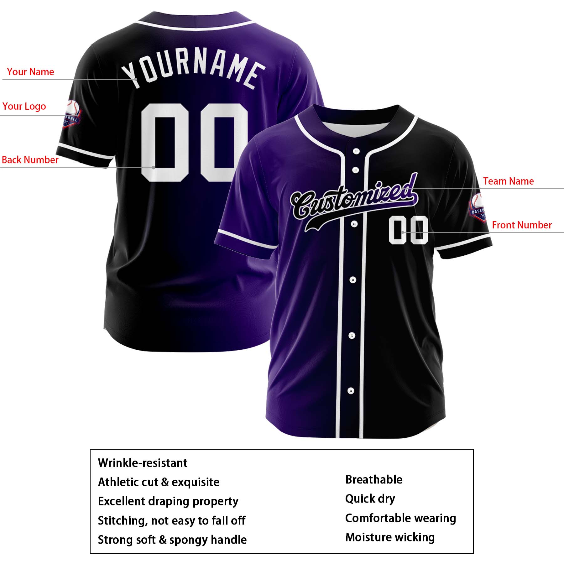 Custom Purple Black Gradient Fashion Design Full Button Authentic Baseball Jersey