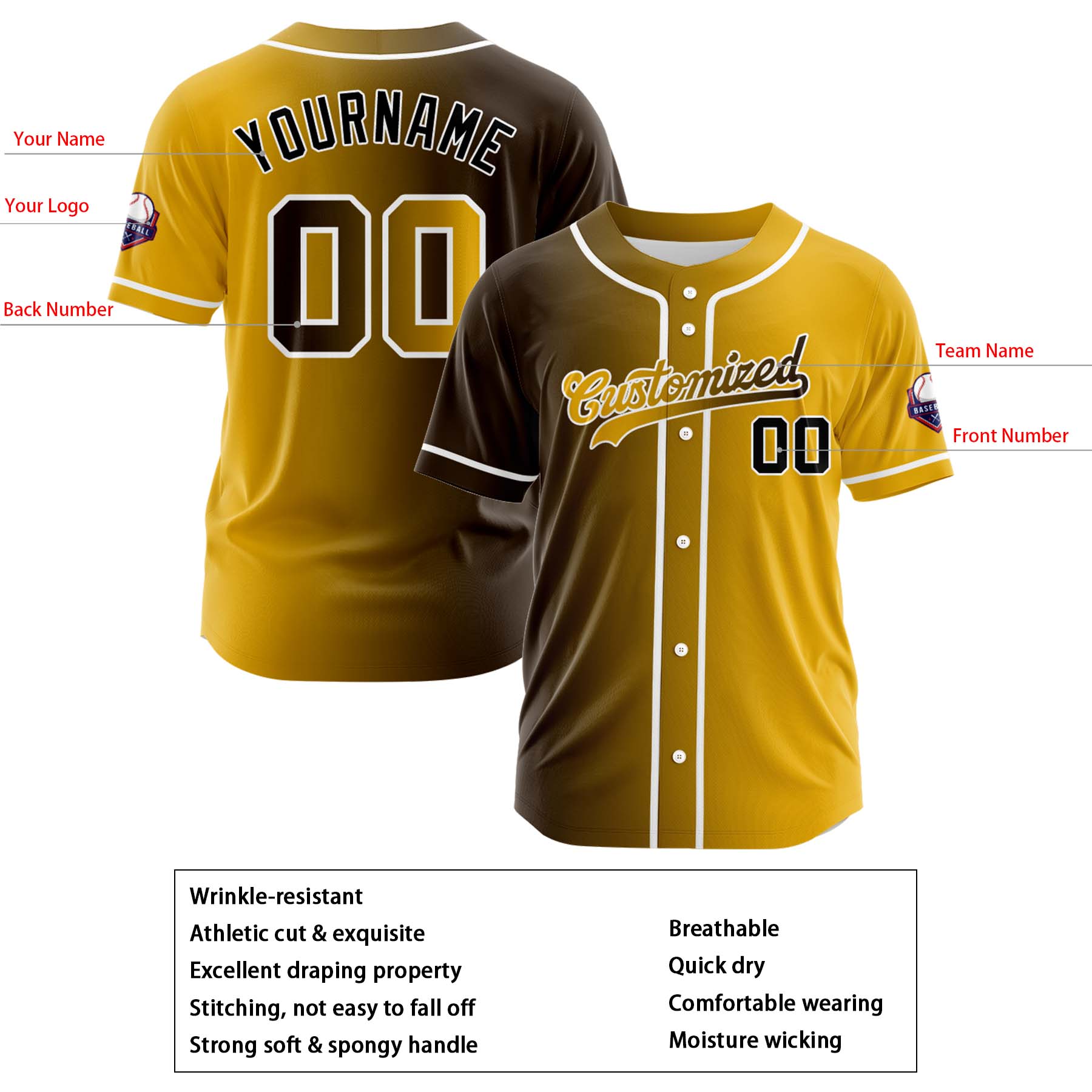 Custom Brown Gold Gradient Fashion Design Full Button Authentic Baseball Jersey
