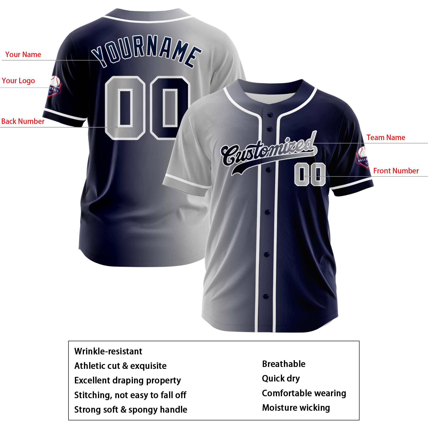Custom Gray Navy Gradient Fashion Design Full Button Authentic Baseball Jersey