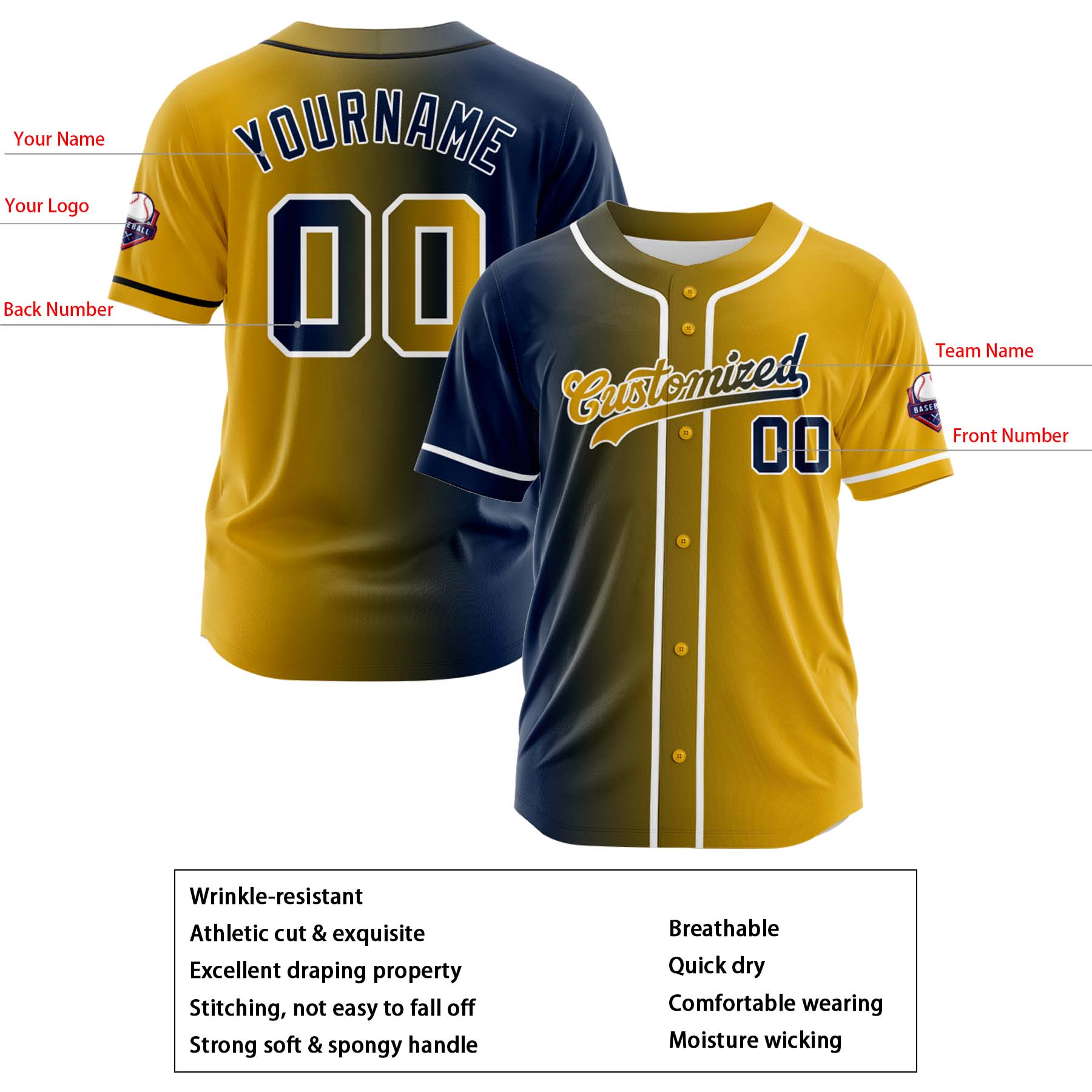 Custom Navy Gold Gradient Fashion Design Full Button Authentic Baseball Jersey