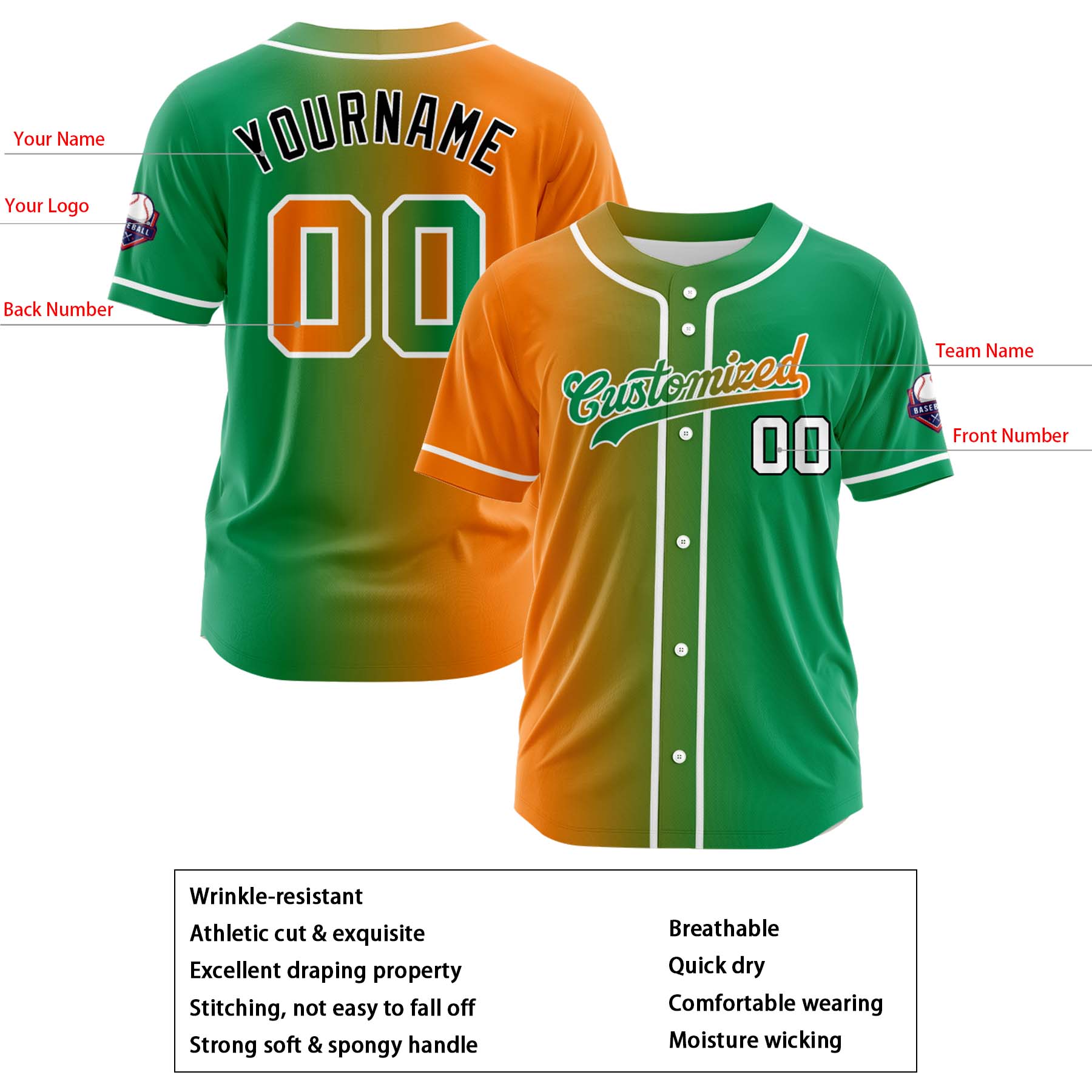 Custom Orange Green Gradient Fashion Design Full Button Authentic Baseball Jersey