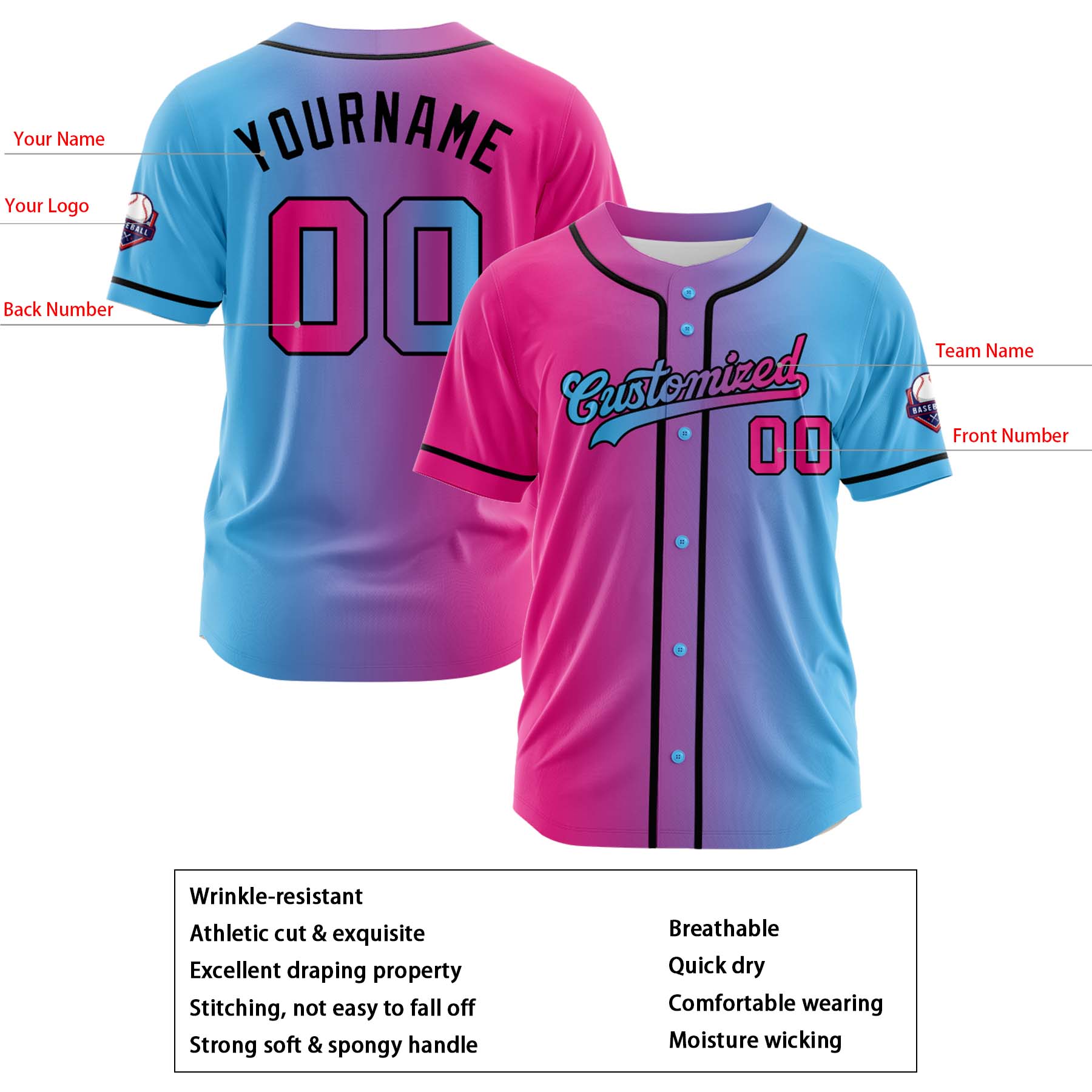 Custom Pink Light Blue Gradient Fashion Design Full Button Authentic Baseball Jersey