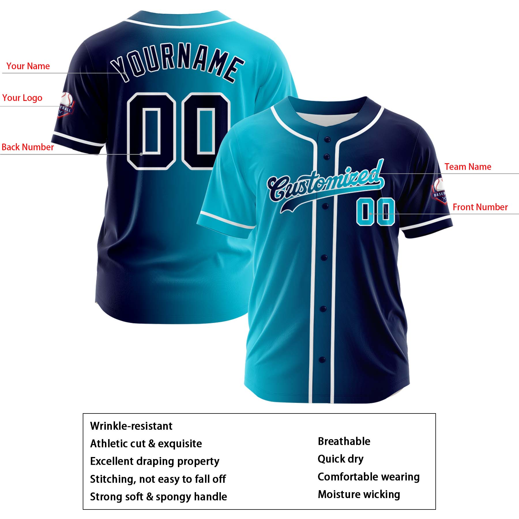 Custom Cyan Navy Gradient Fashion Design Full Button Authentic Baseball Jersey