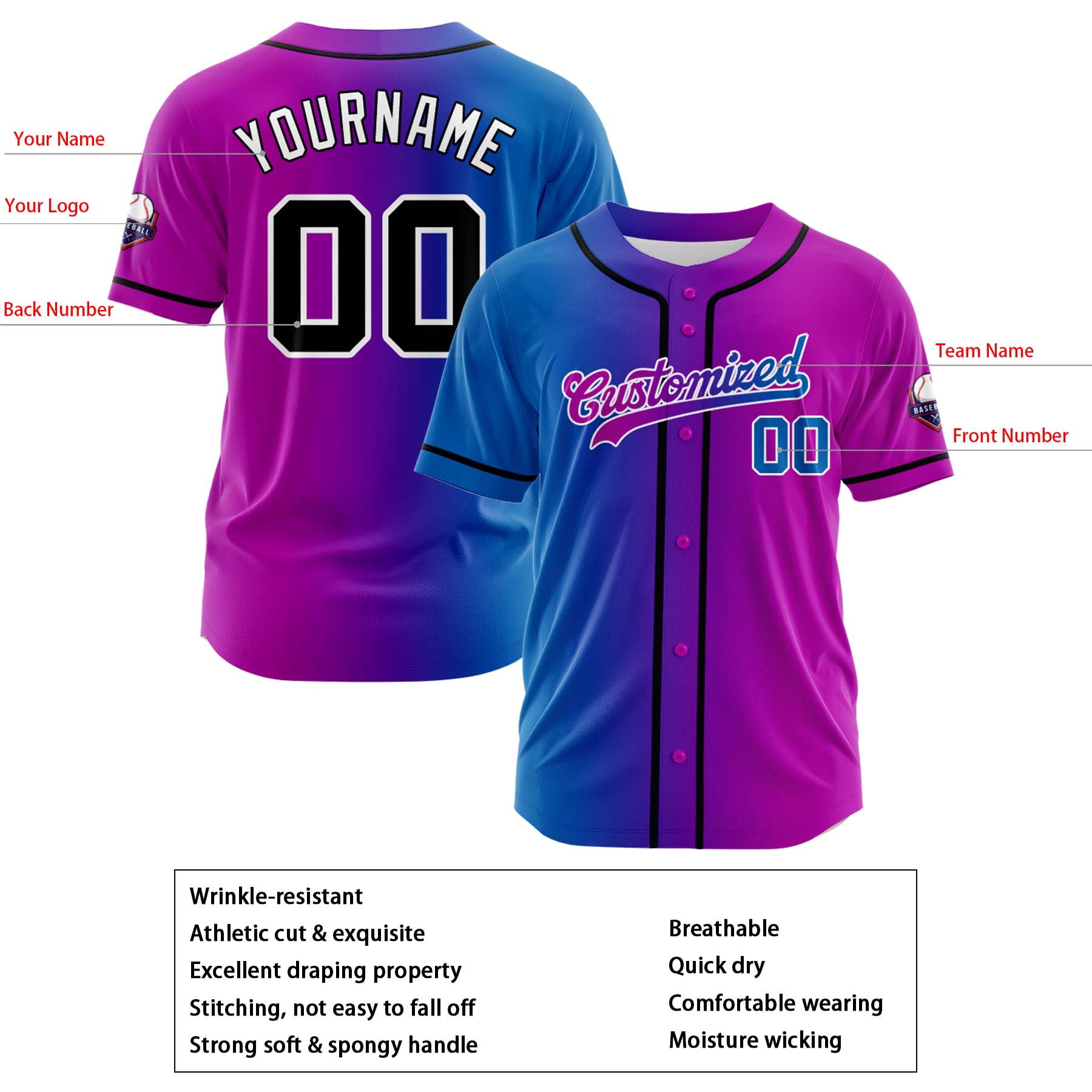 Custom Blue Deep Pink Gradient Fashion Design Full Button Authentic Baseball Jersey