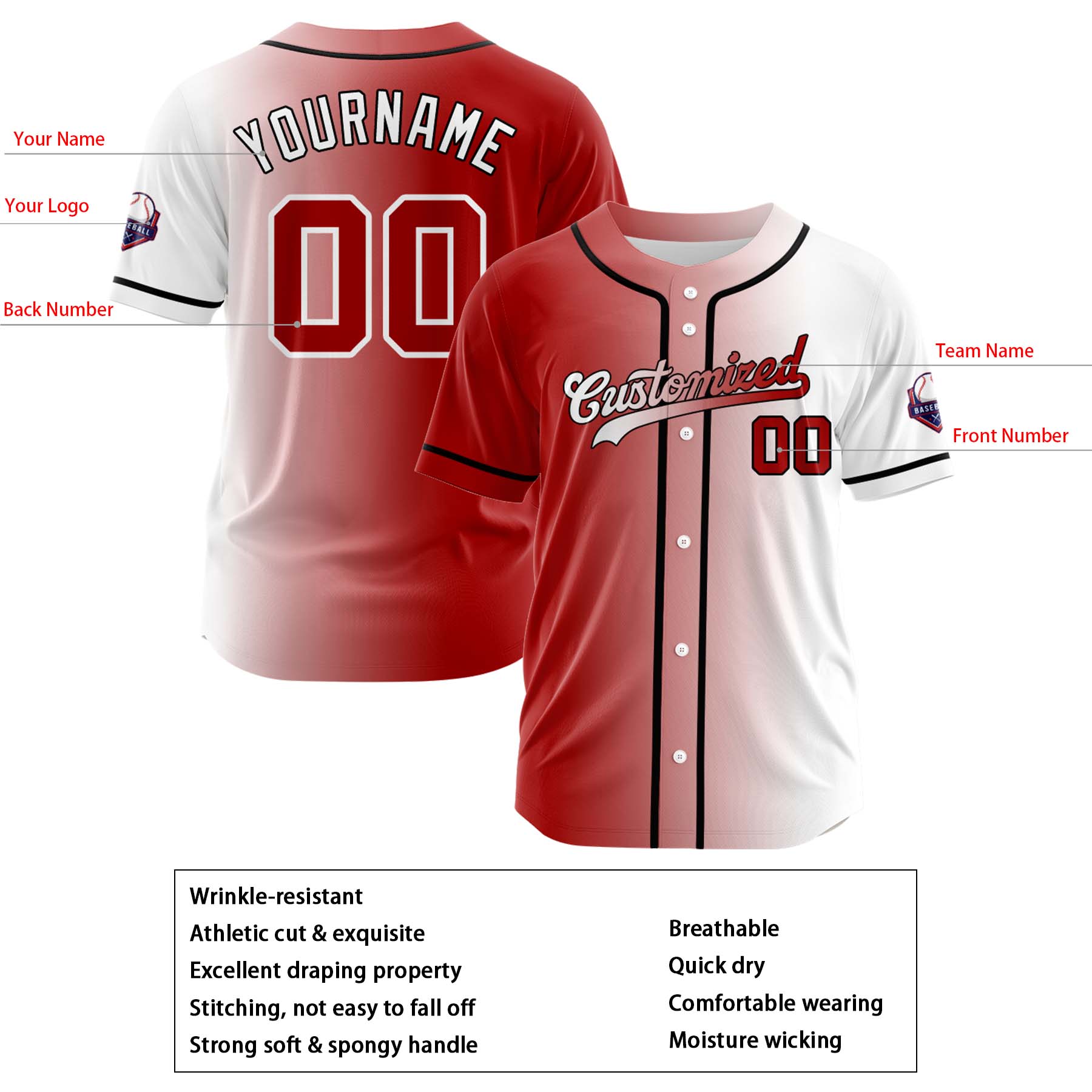 Custom Red White Gradient Fashion Design Full Button Authentic Baseball Jersey