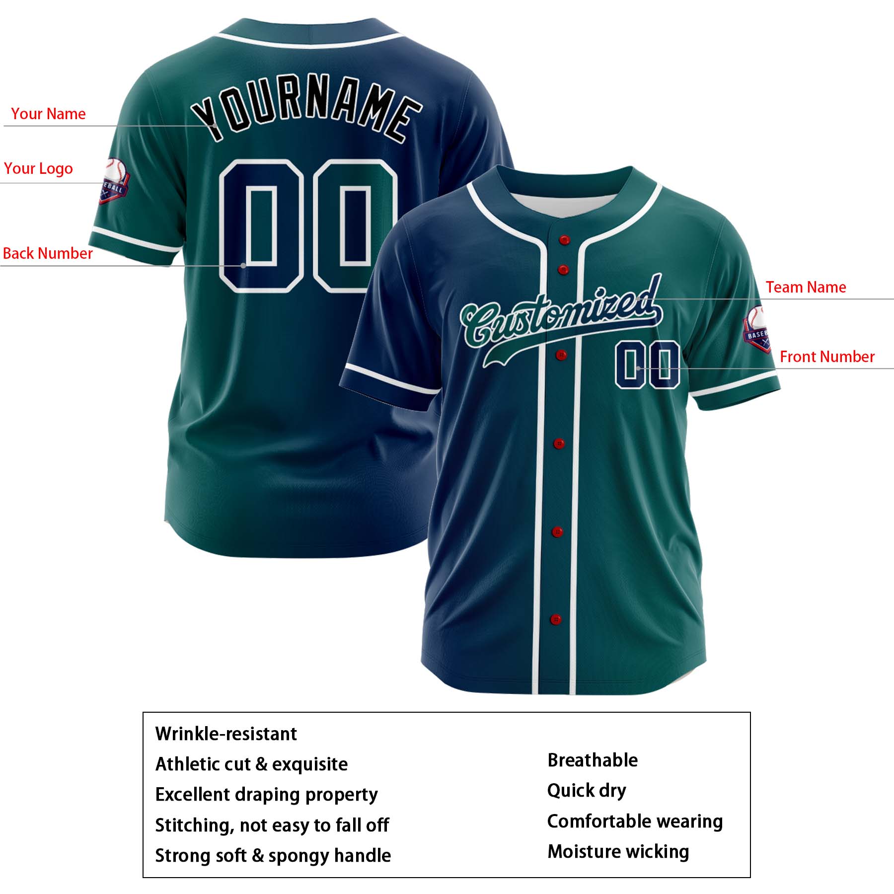 Custom Navy Teal Gradient Fashion Design Full Button Authentic Baseball Jersey
