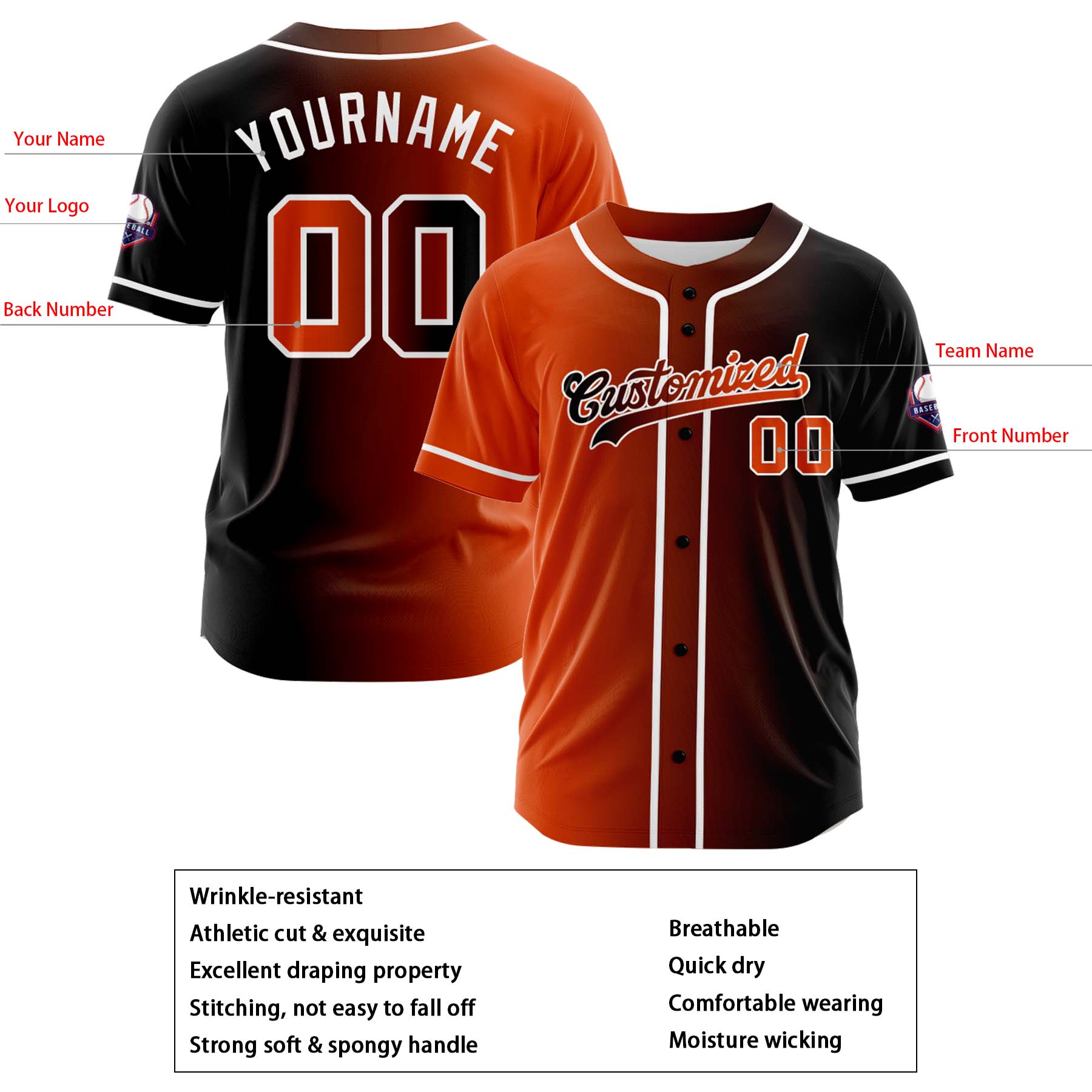 Custom Orange Black Gradient Fashion Design Full Button Authentic Baseball Jersey