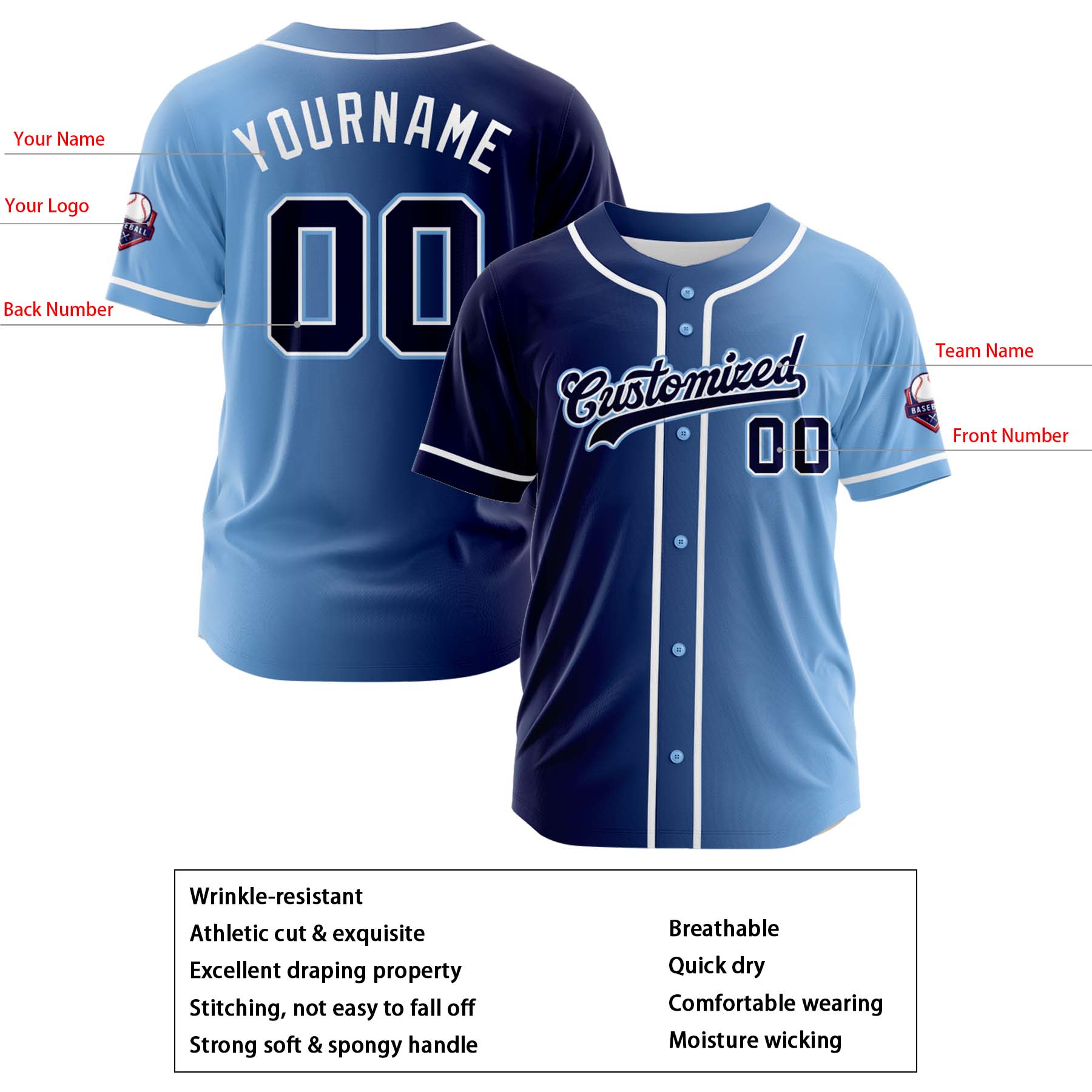 Custom Navy Light Blue Gradient Fashion Design Full Button Authentic Baseball Jersey