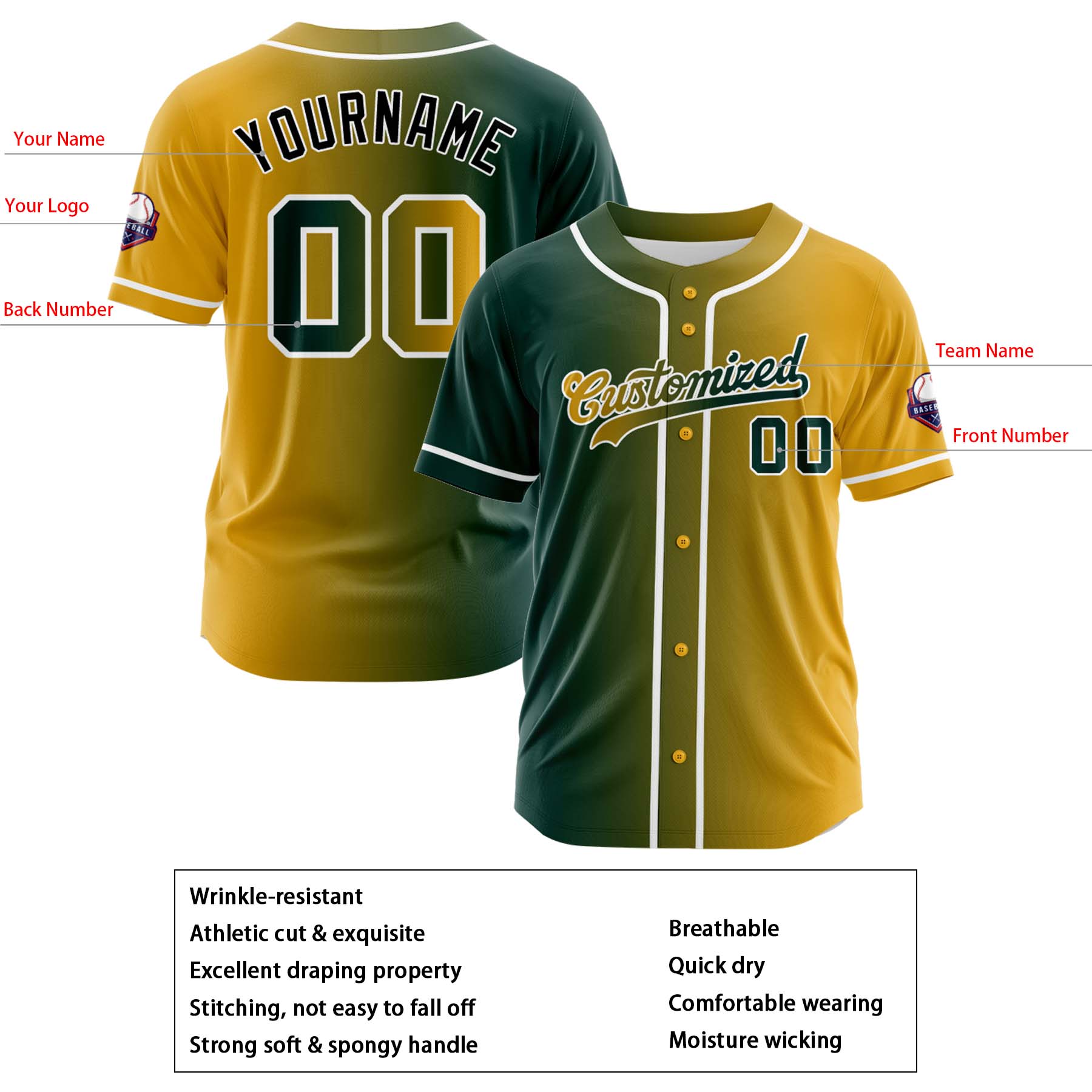 Custom Dark Green Gold Gradient Fashion Design Full Button Authentic Baseball Jersey