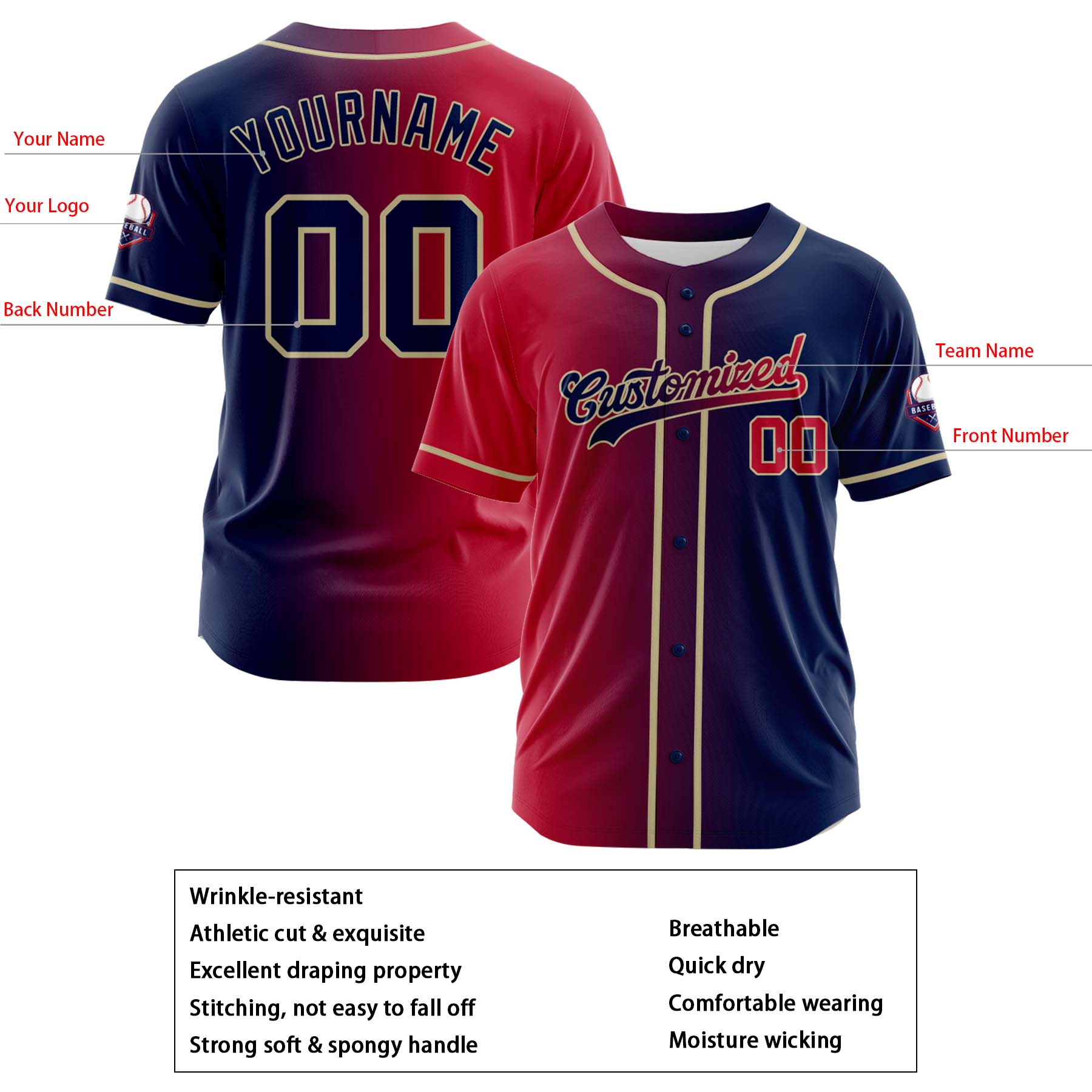 Custom Red Blue Gradient Fashion Design Full Button Authentic Baseball Jersey