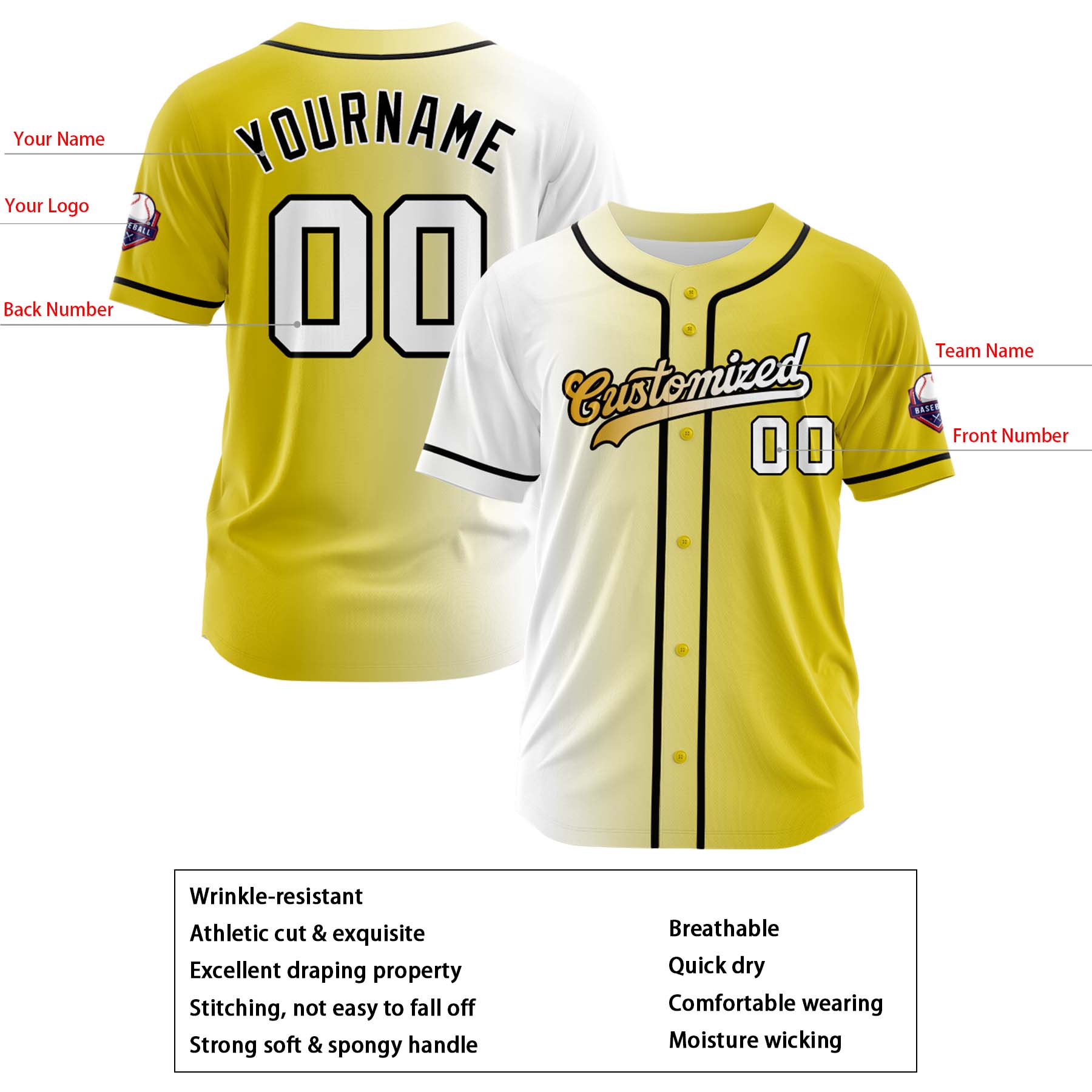 Custom White Yellow Gradient Fashion Design Full Button Authentic Baseball Jersey