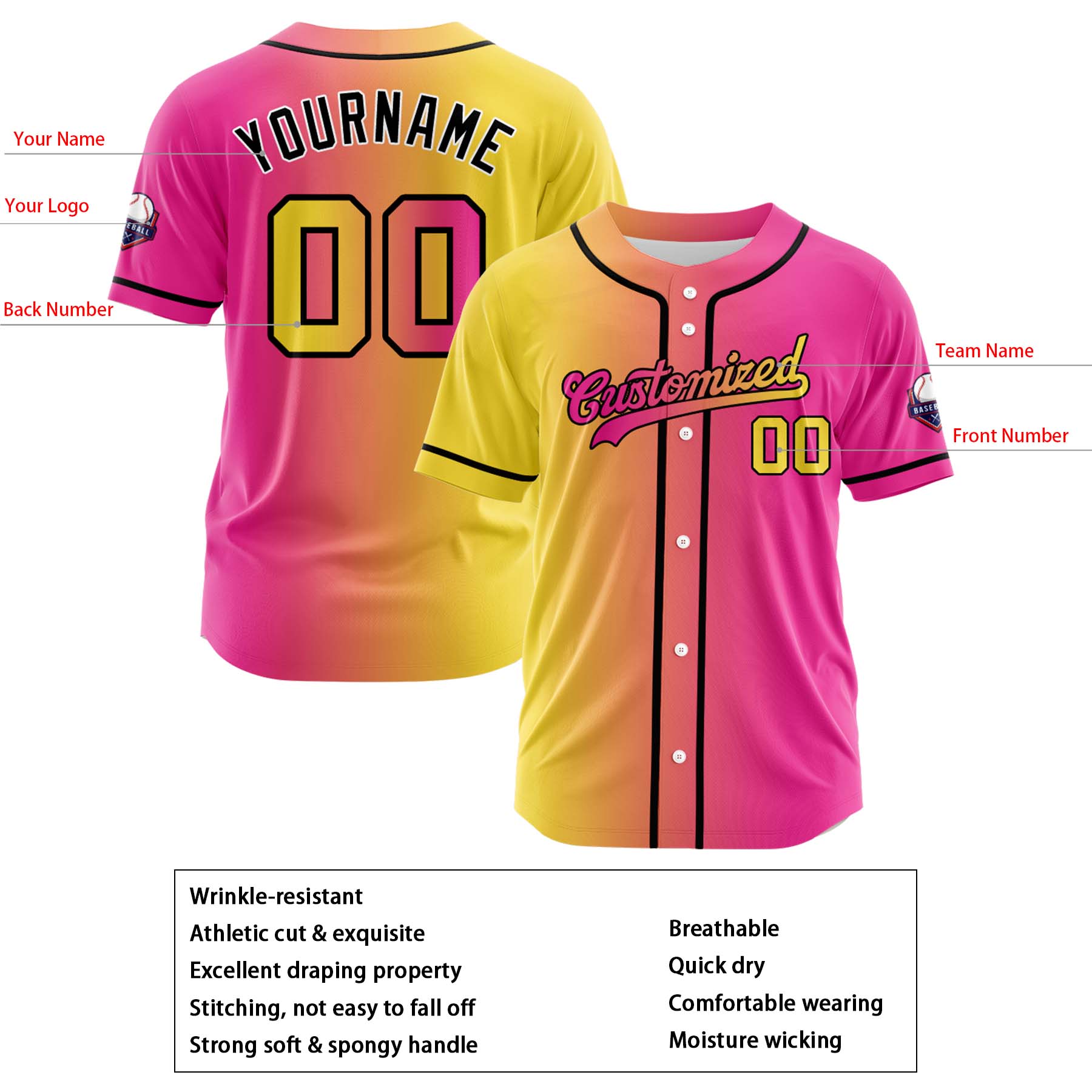 Custom Yellow Pink Gradient Fashion Design Full Button Authentic Baseball Jersey