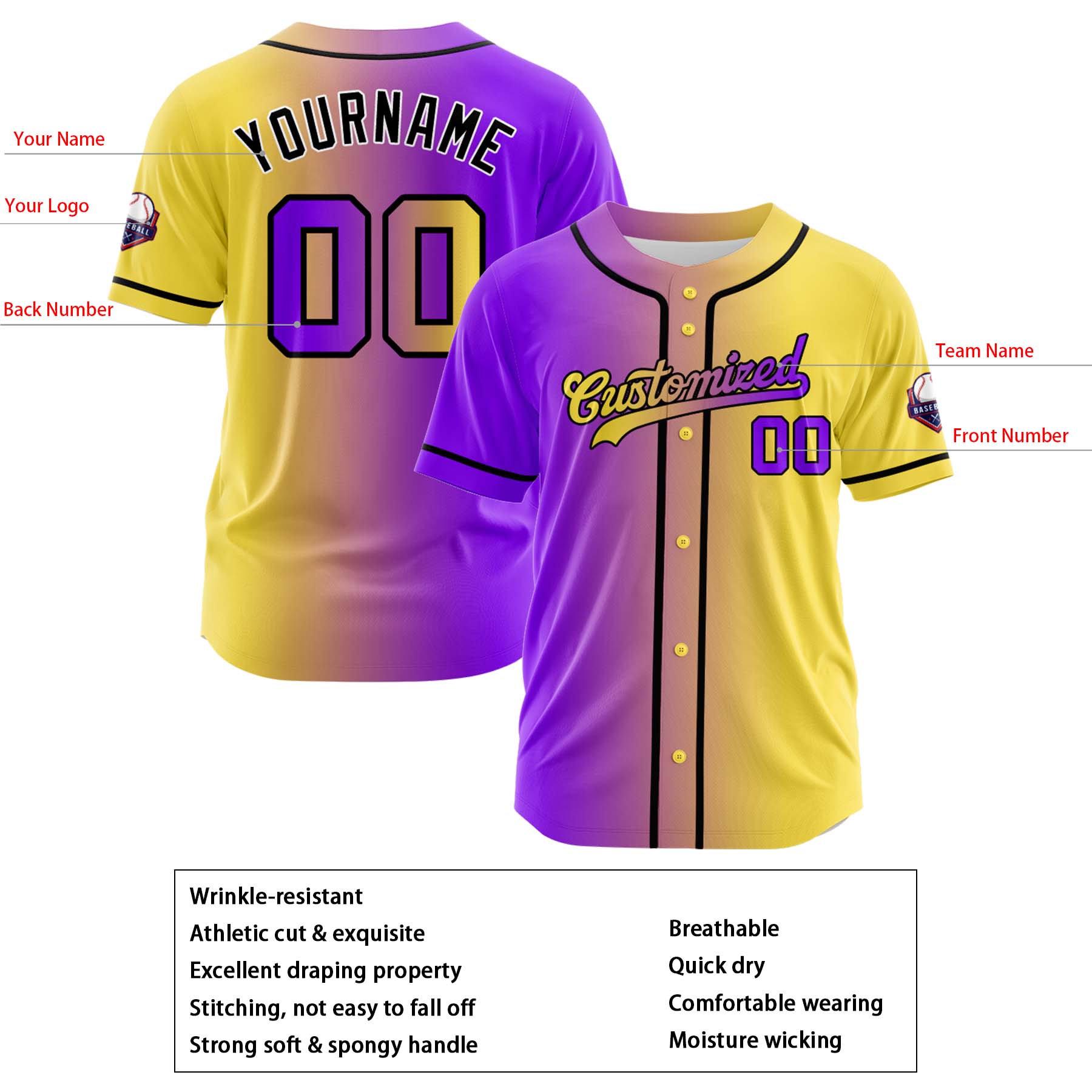 Custom Purple Light Yellow Gradient Fashion Design Full Button Authentic Baseball Jersey